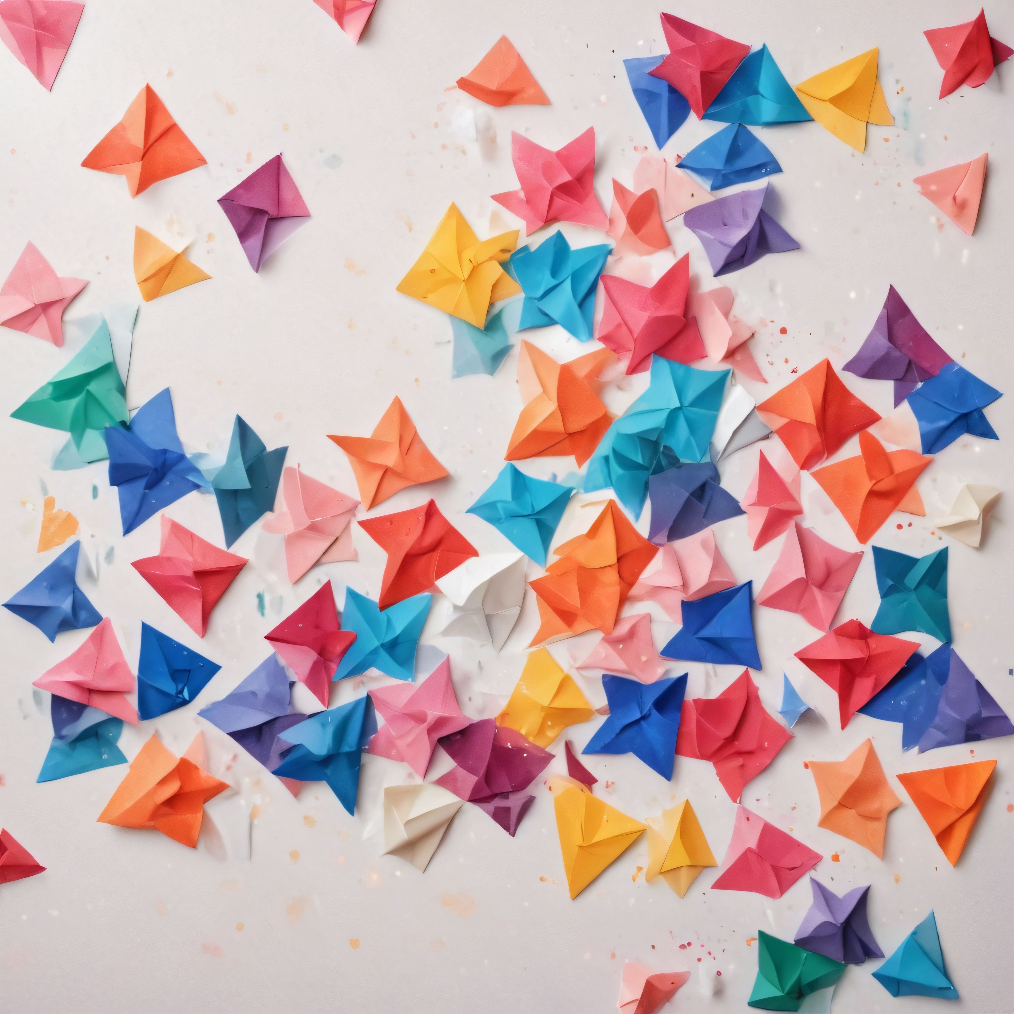 Beyaz Zemin Üzerine Dağıtılmış Renkli Origami Yıldızlar ve Kağıt Figürler