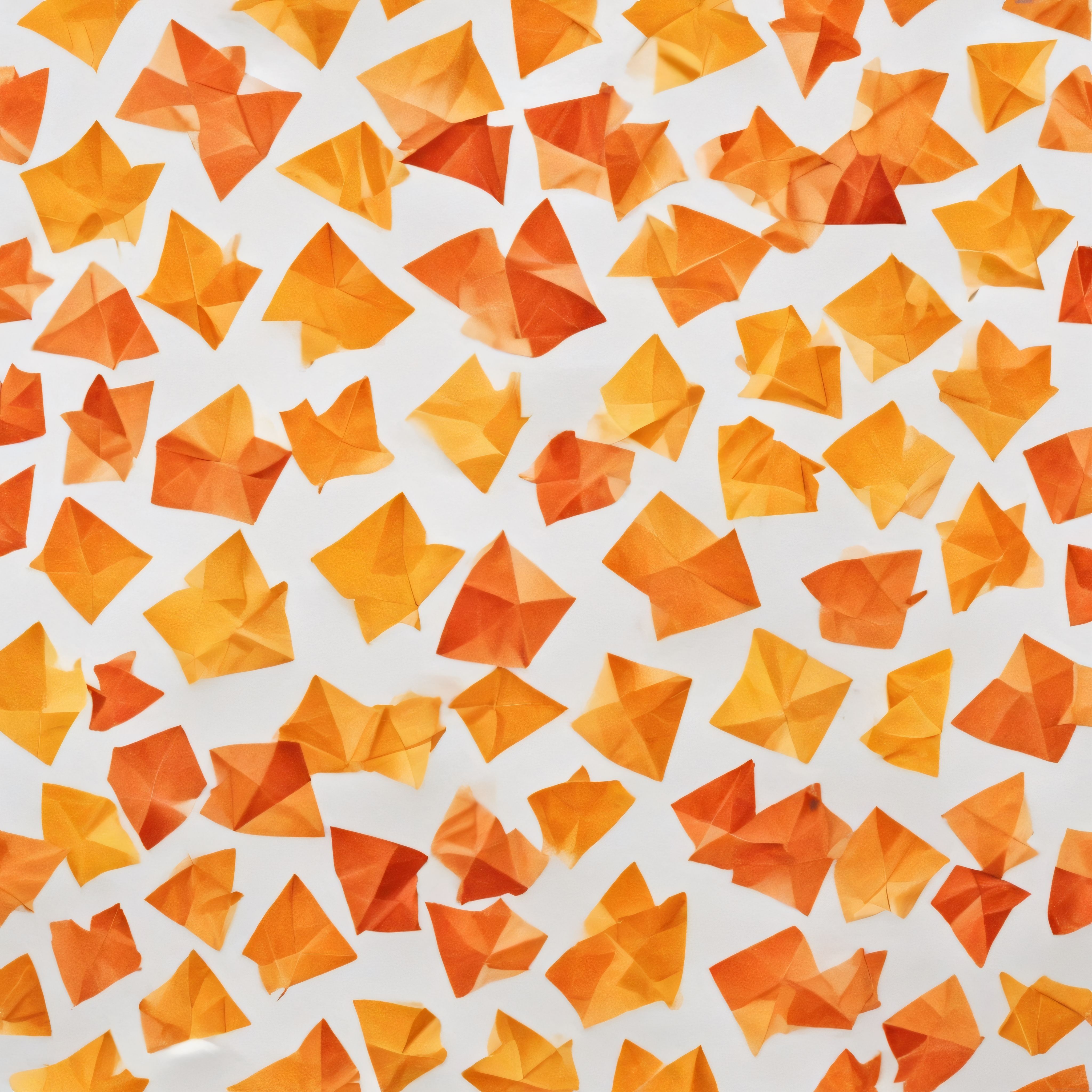 Beyaz zemin üzerine rastgele serpilmiş sonbahar renkli origami kağıt yapraklar