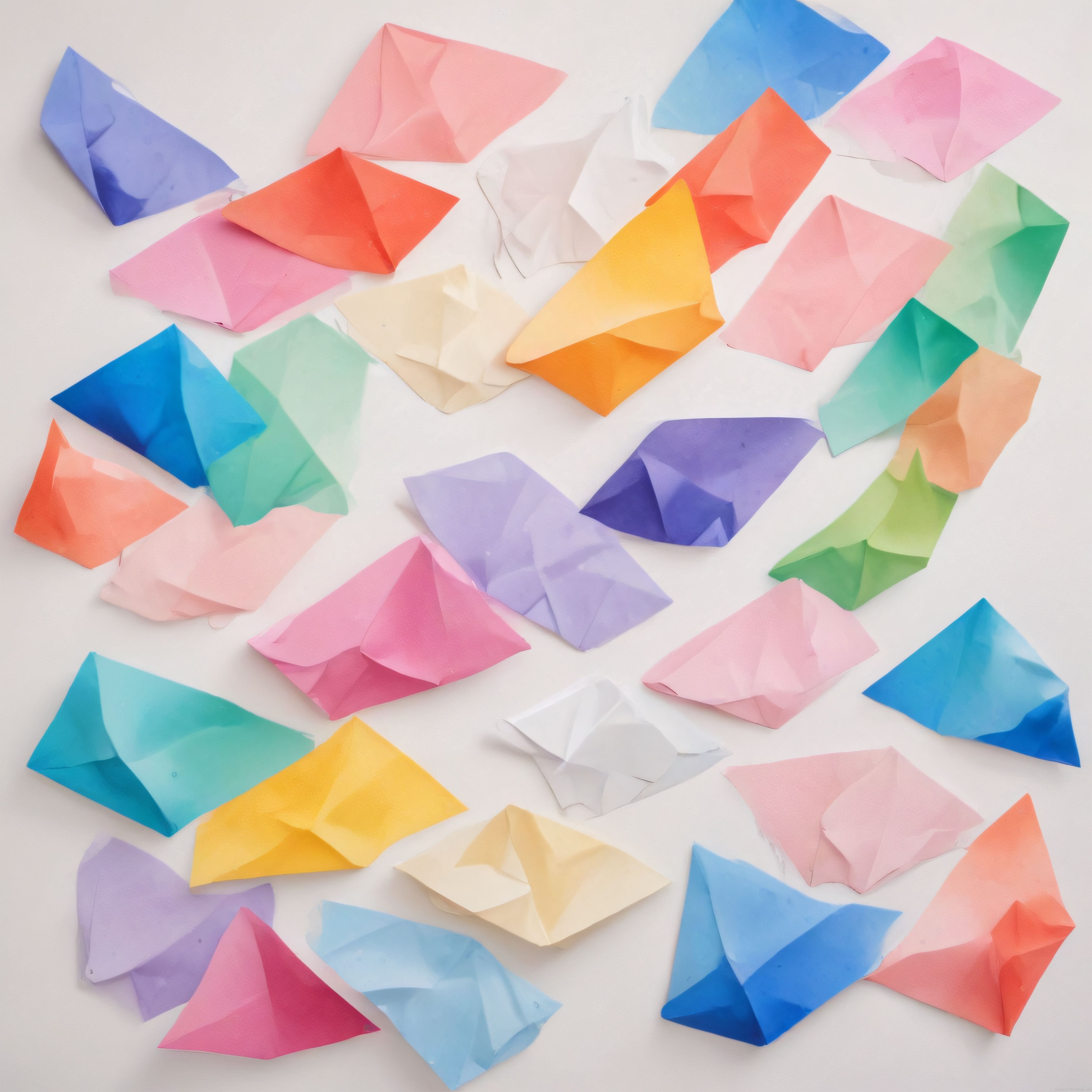Beyaz Zemin Üzerine Serpilmiş Soft Renkli Origami Kağıtları ve Kağıt Sanatı