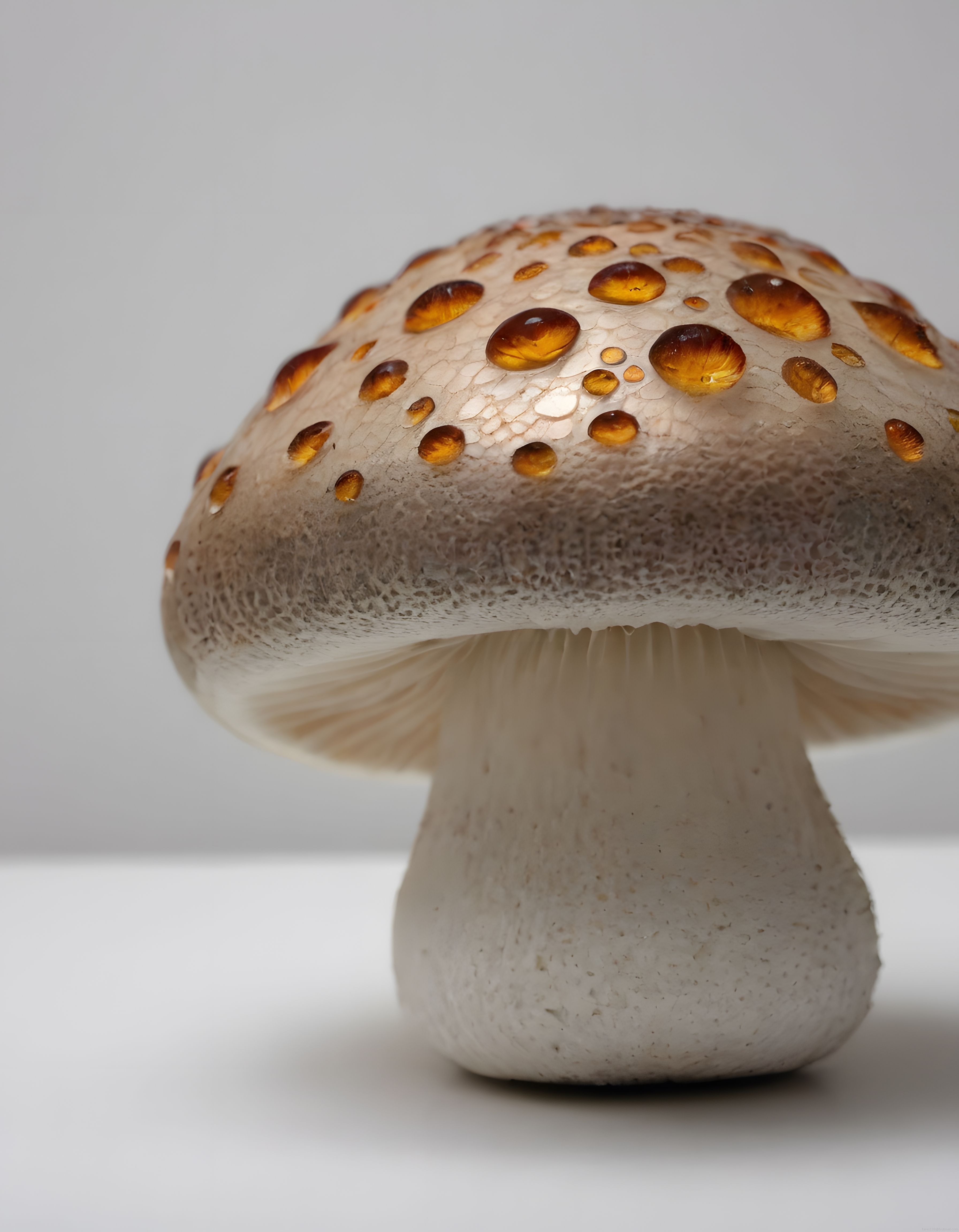 Beyaz Zeminde Amber Damlacıklı İri Mantar: Makro Doğa Fotoğrafı