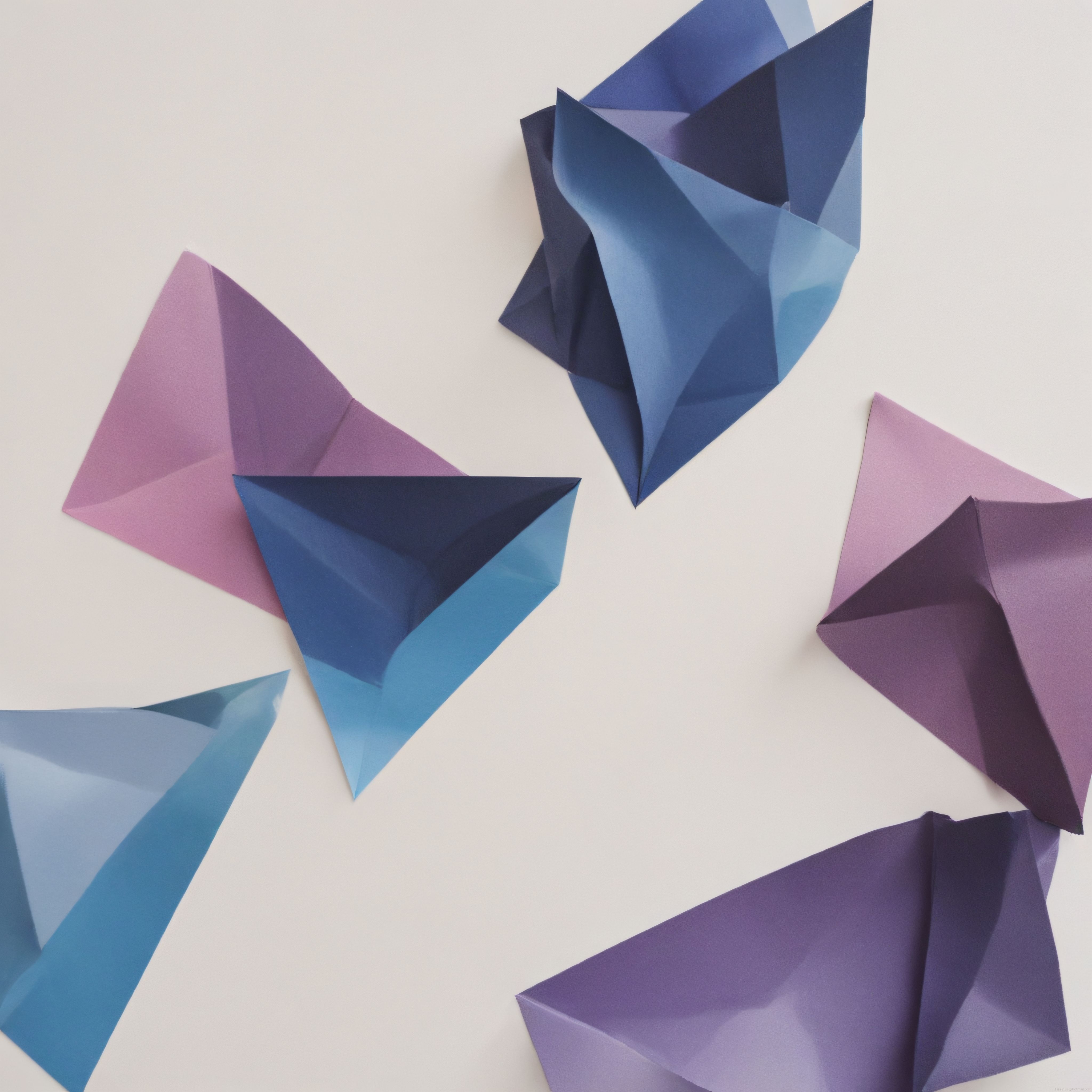 Beyaz Zeminde Asılı Duran Mavi ve Mor Geometrik Origami Sanatsal Duvar Dekoru