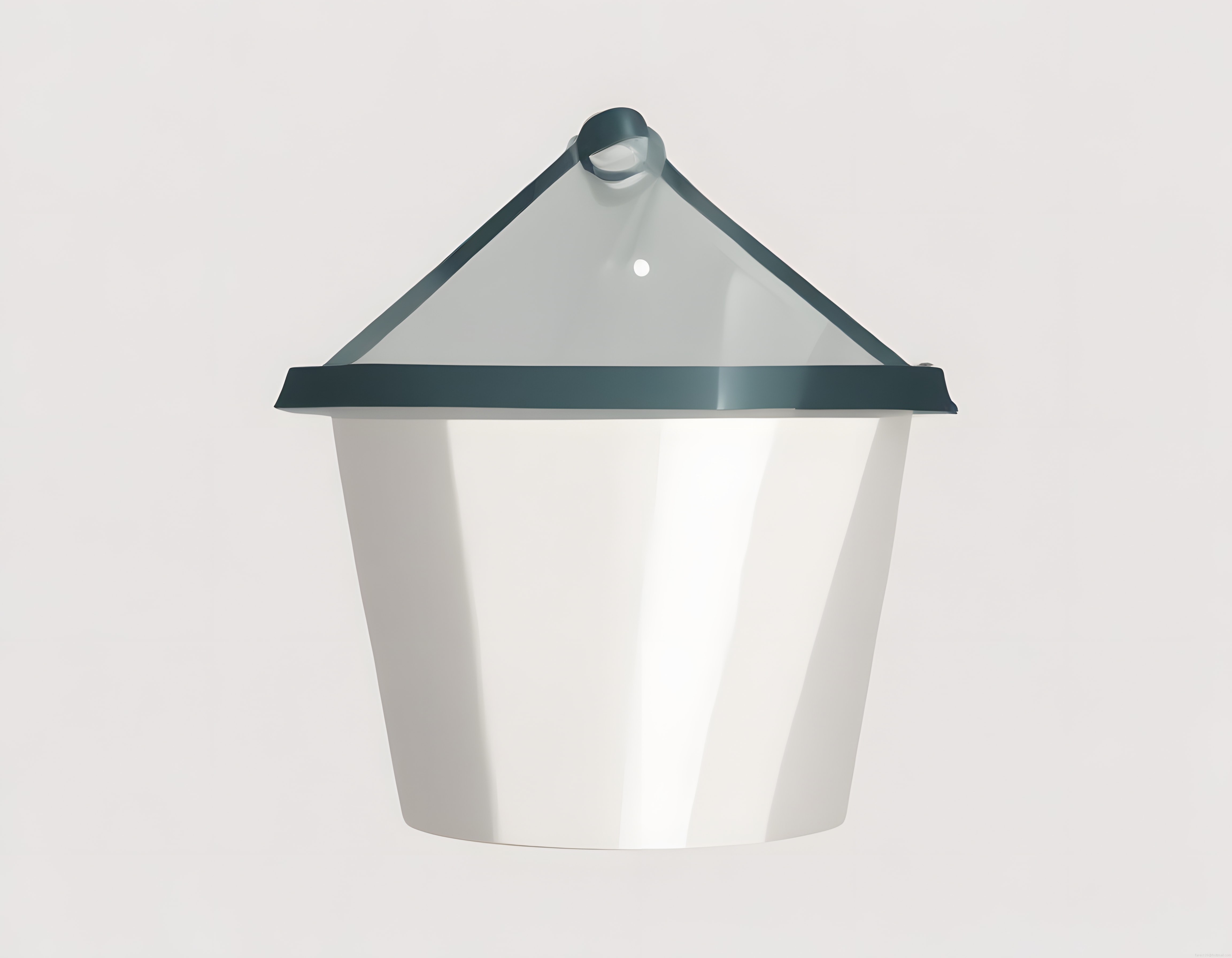 Beyaz Zeminde Askılı Kova ve Şeffaf Üçgen Kapak Minimalist 3D Ürün Tasarımı