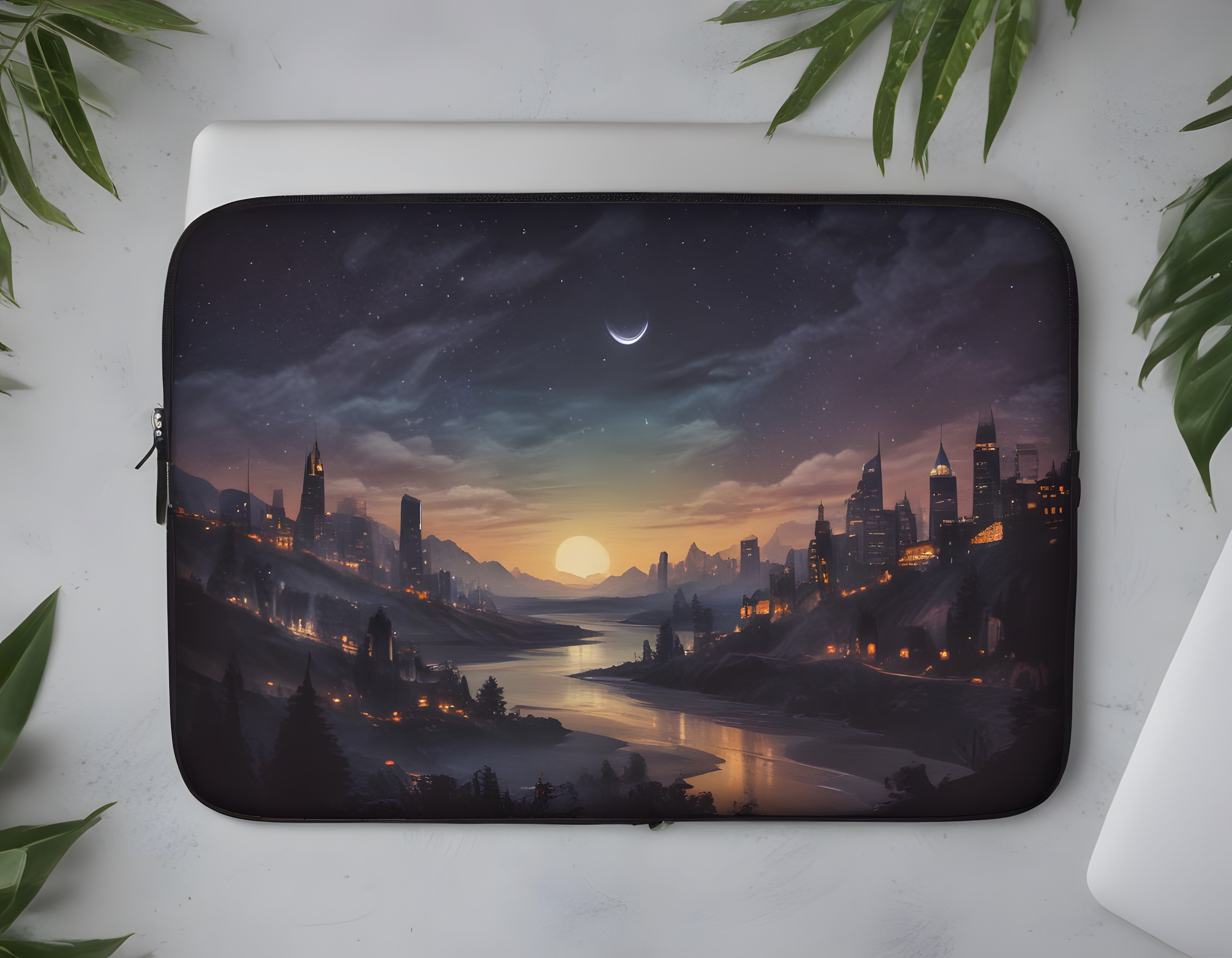 Beyaz Zeminde Fantastik Şehir Manzaralı Laptop Çantası ve Dijital Sanat