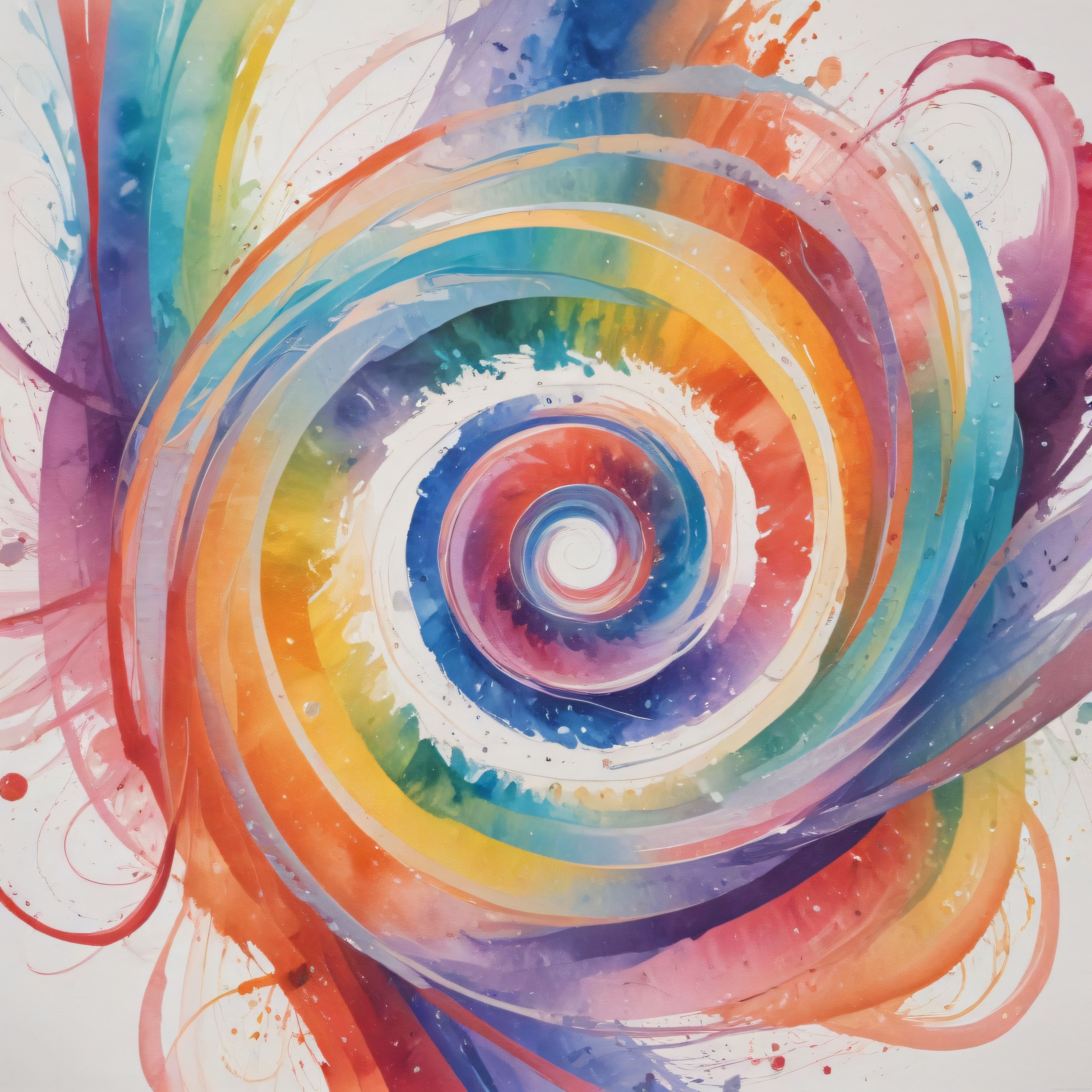 Beyaz Zeminde Gökkuşağı Renklerinde Akışkan Suluboya Spiral Sanat Eseri