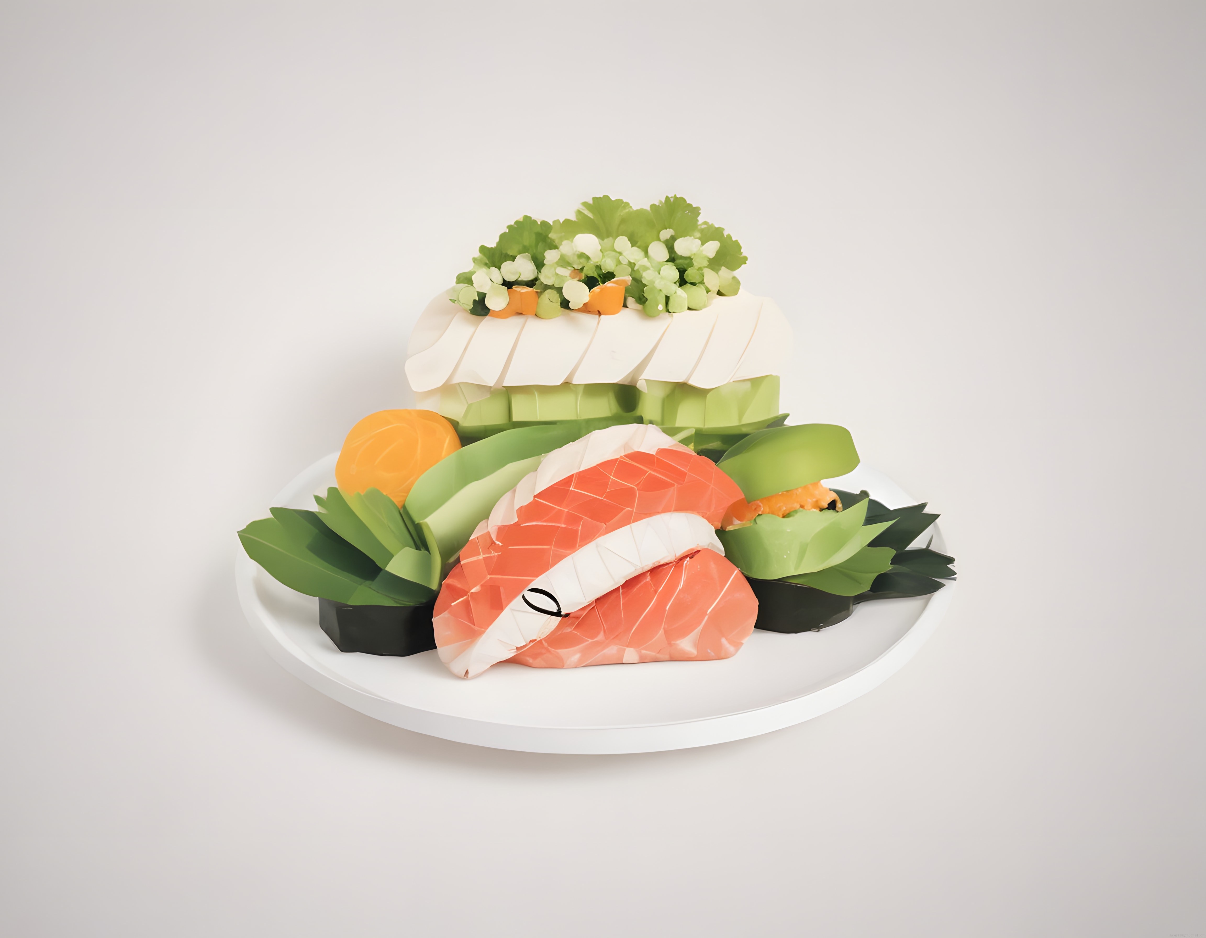 Beyaz zeminde kağıt katlama sanatı ile yapılmış renkli sushi tasarım tabağı