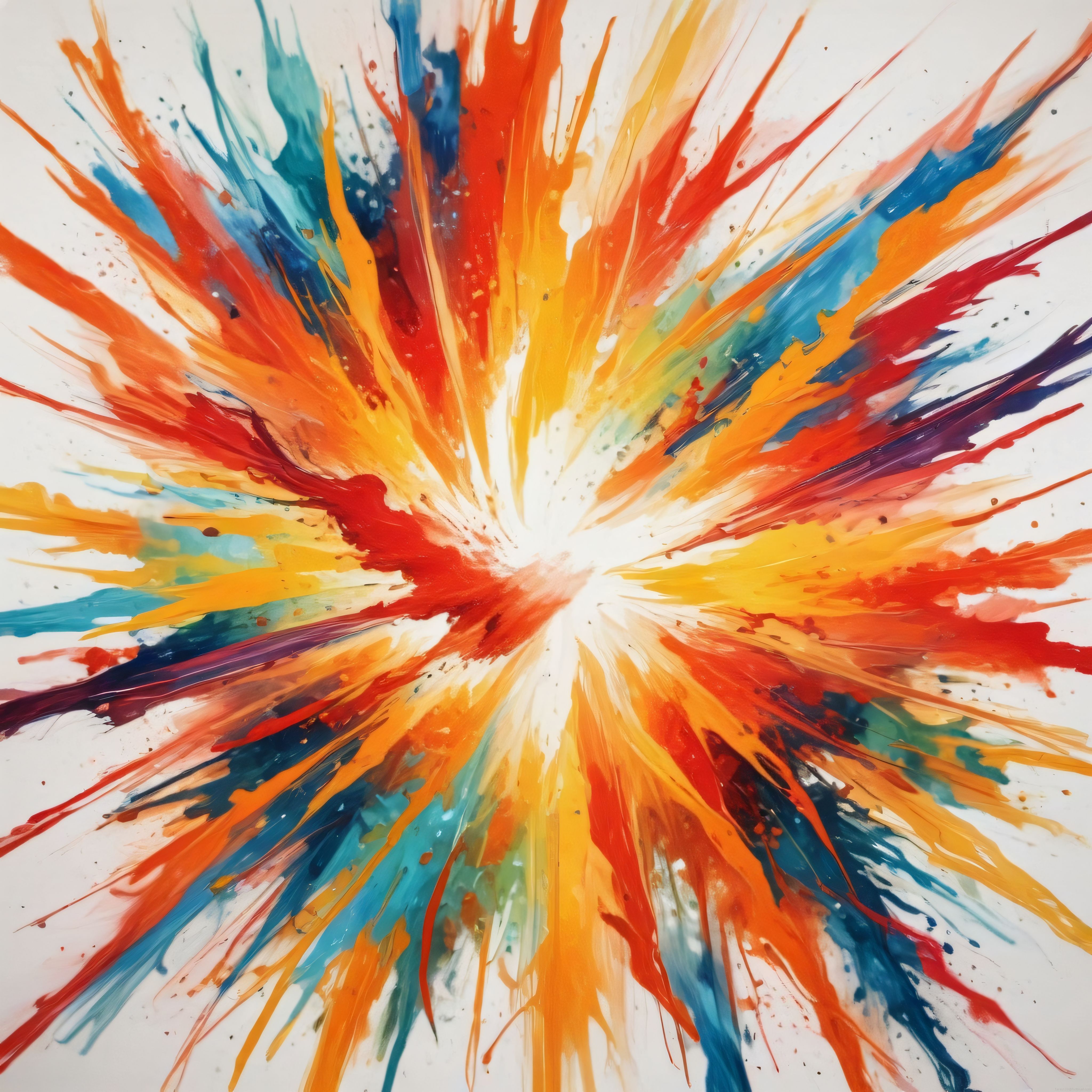 Beyaz Zeminde Merkezden Patlayan Canlı Renkli Soyut ve Enerjik Sanat