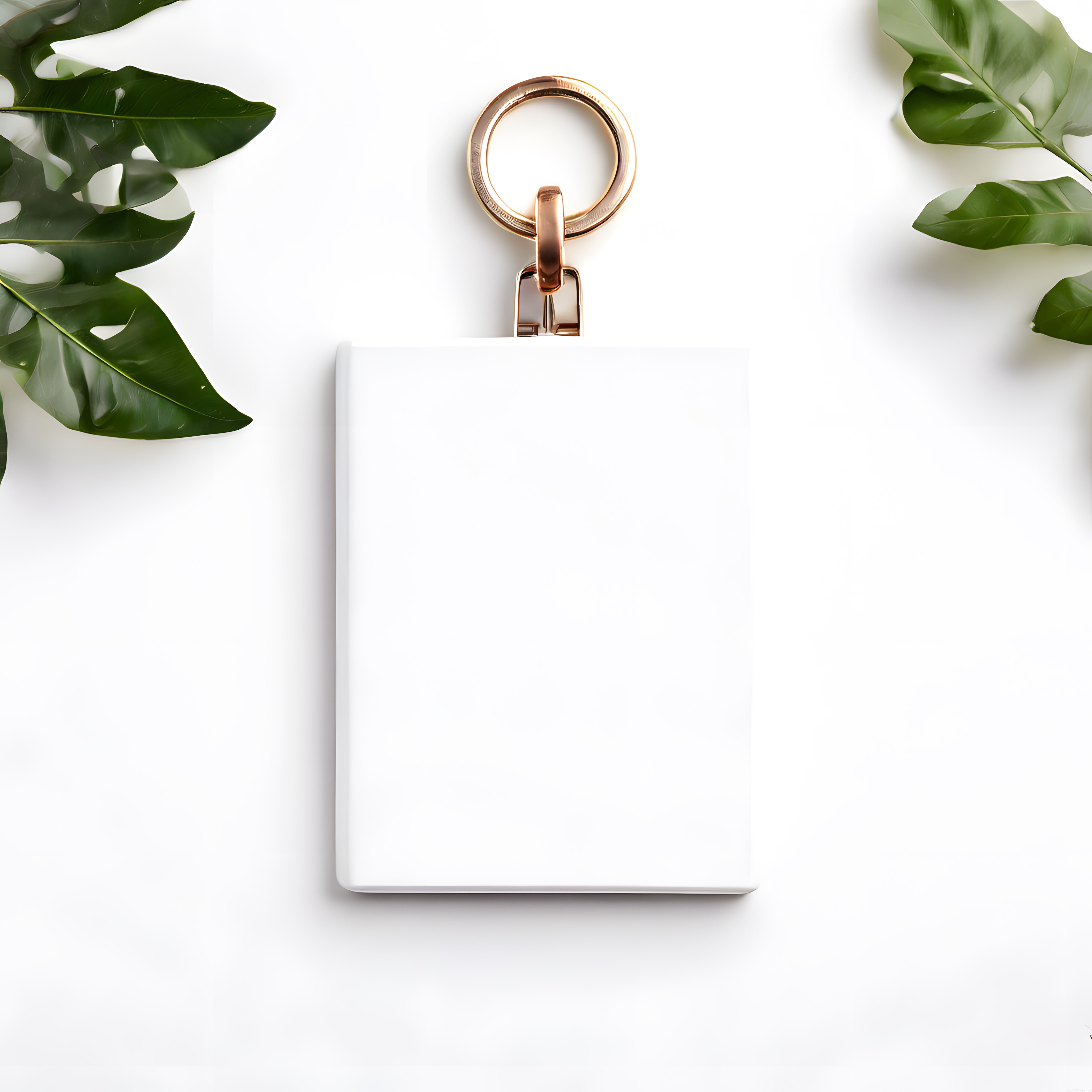 Beyaz Zeminde Rose Gold Detaylı Minimalist Laptop Çantası ve Yeşil Yapraklar
