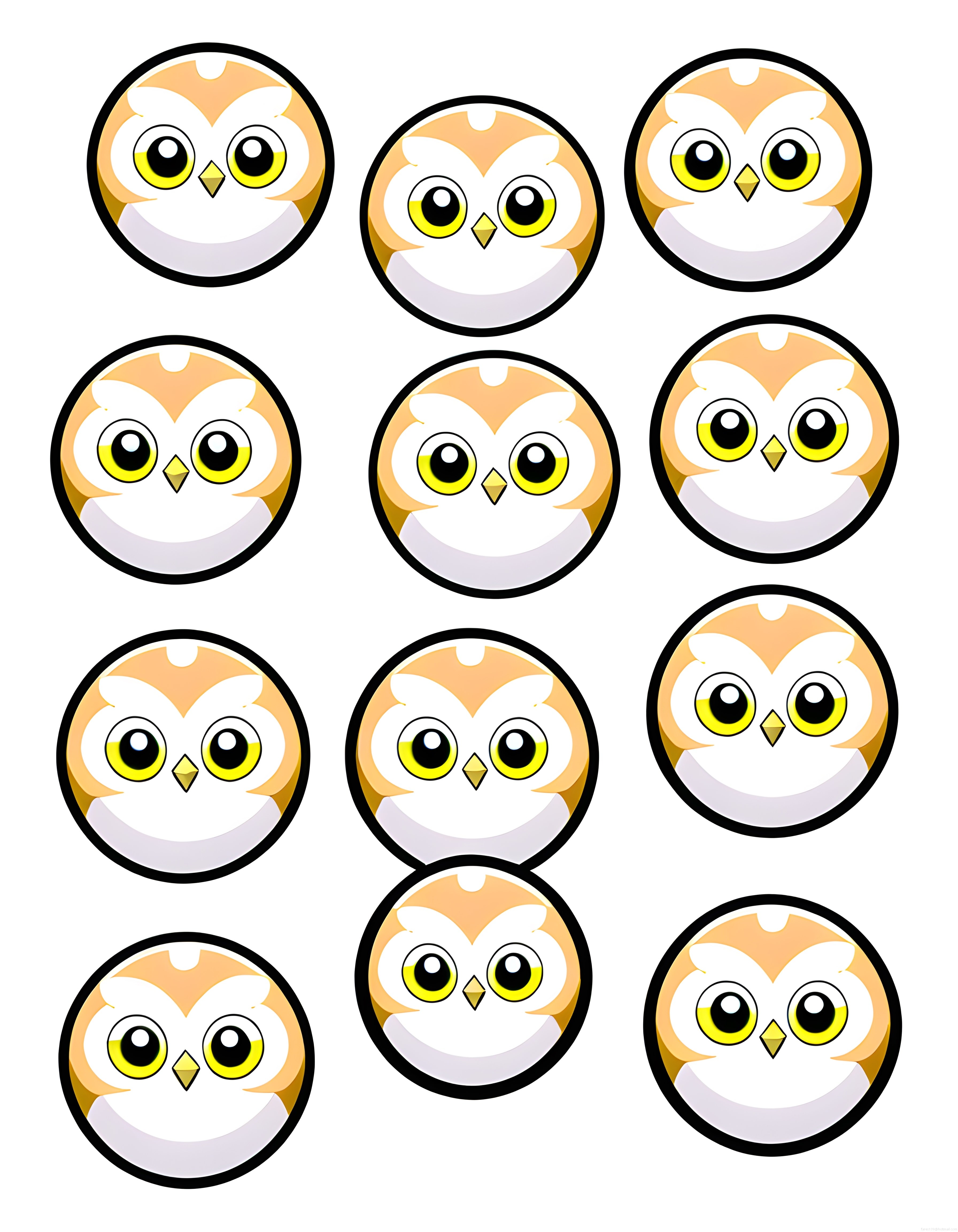 Beyaz zeminde sevimli baykuş karakterleri, emoji tarzı cartoon vektör illüstrasyon seti