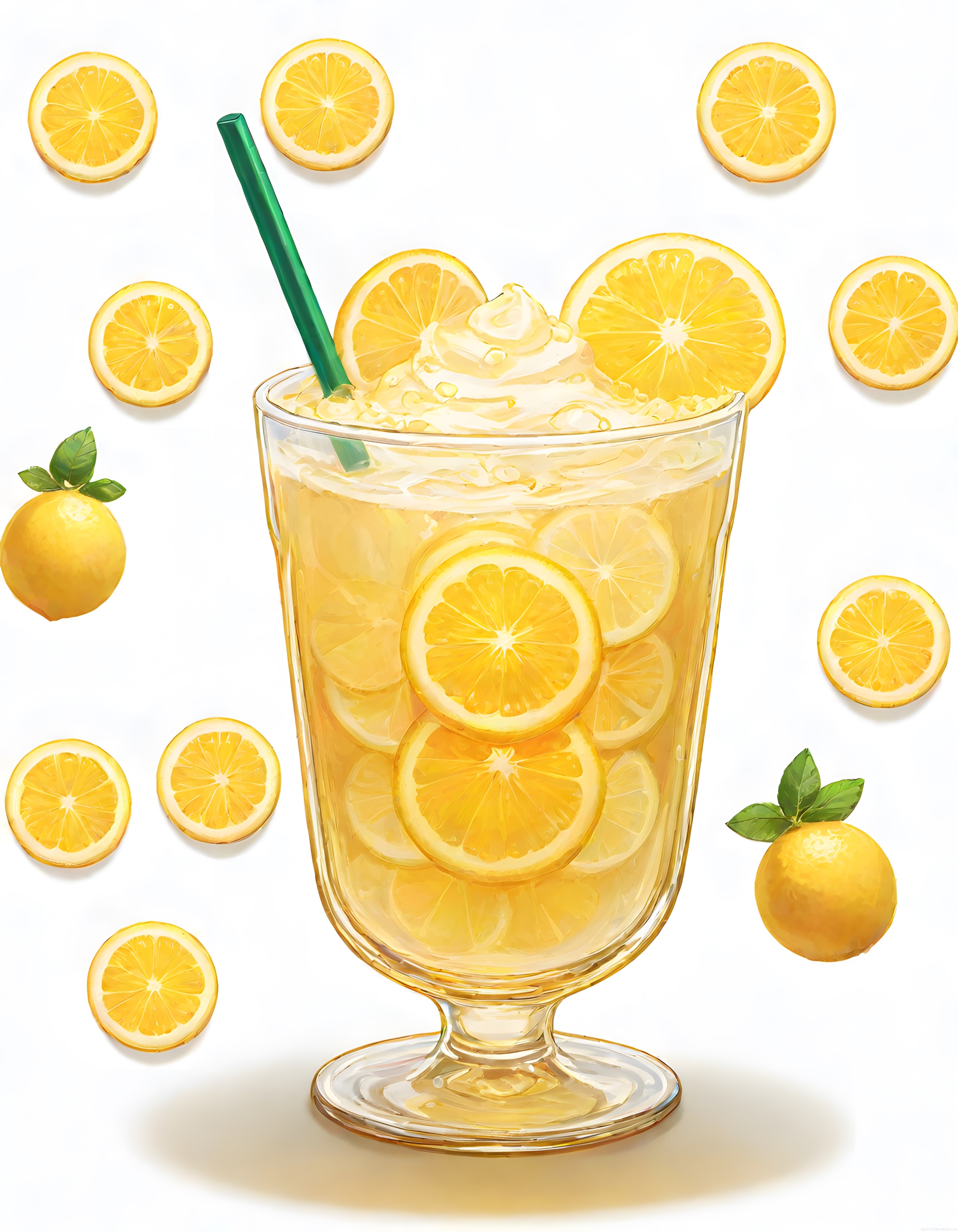 Beyaz Zeminde Taze Limon Dilimleriyle Süslenmiş Serinletici Limonata Bardağı