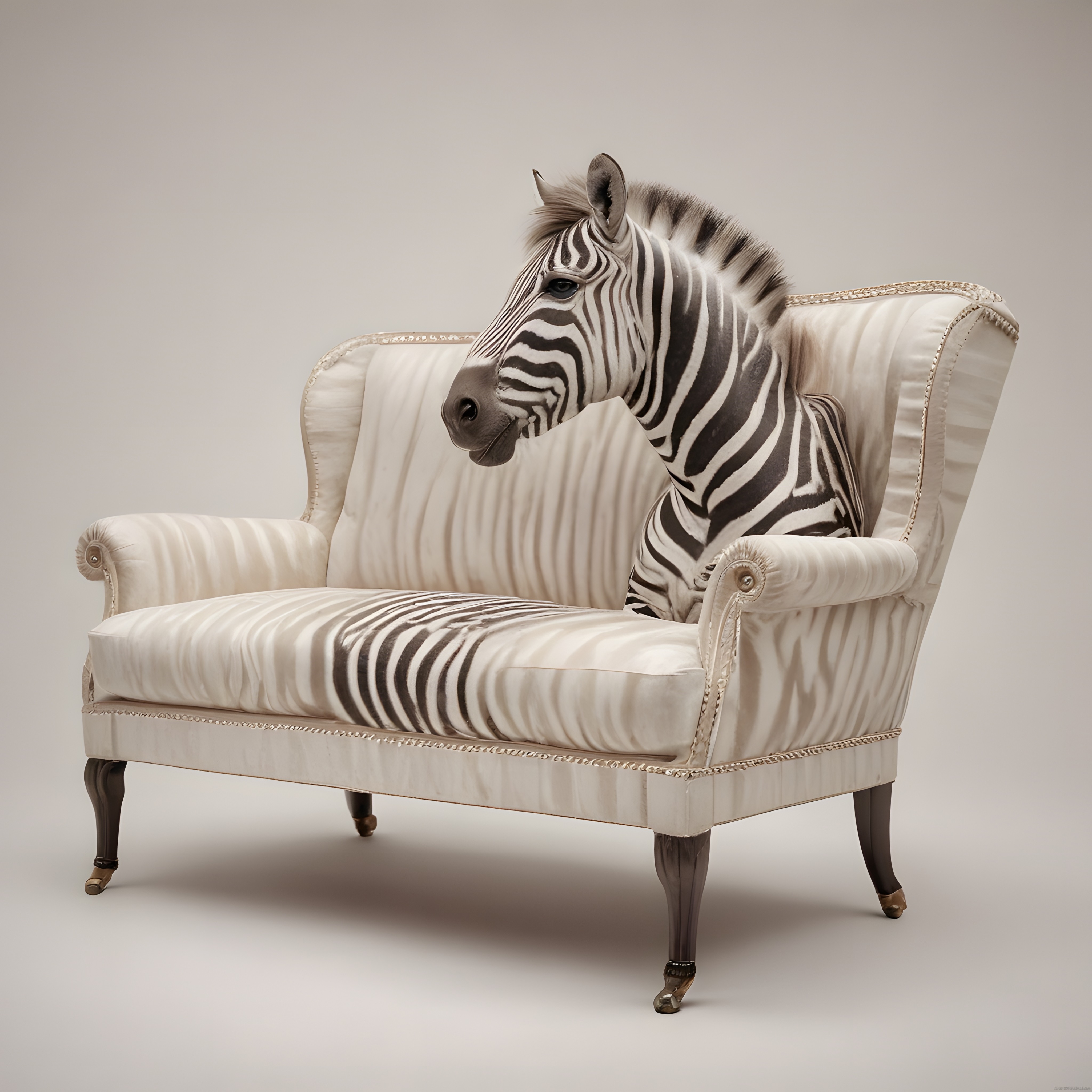 Beyaz zeminde zebra desenli koltukta oturan zebra ile sürreal kompozisyon