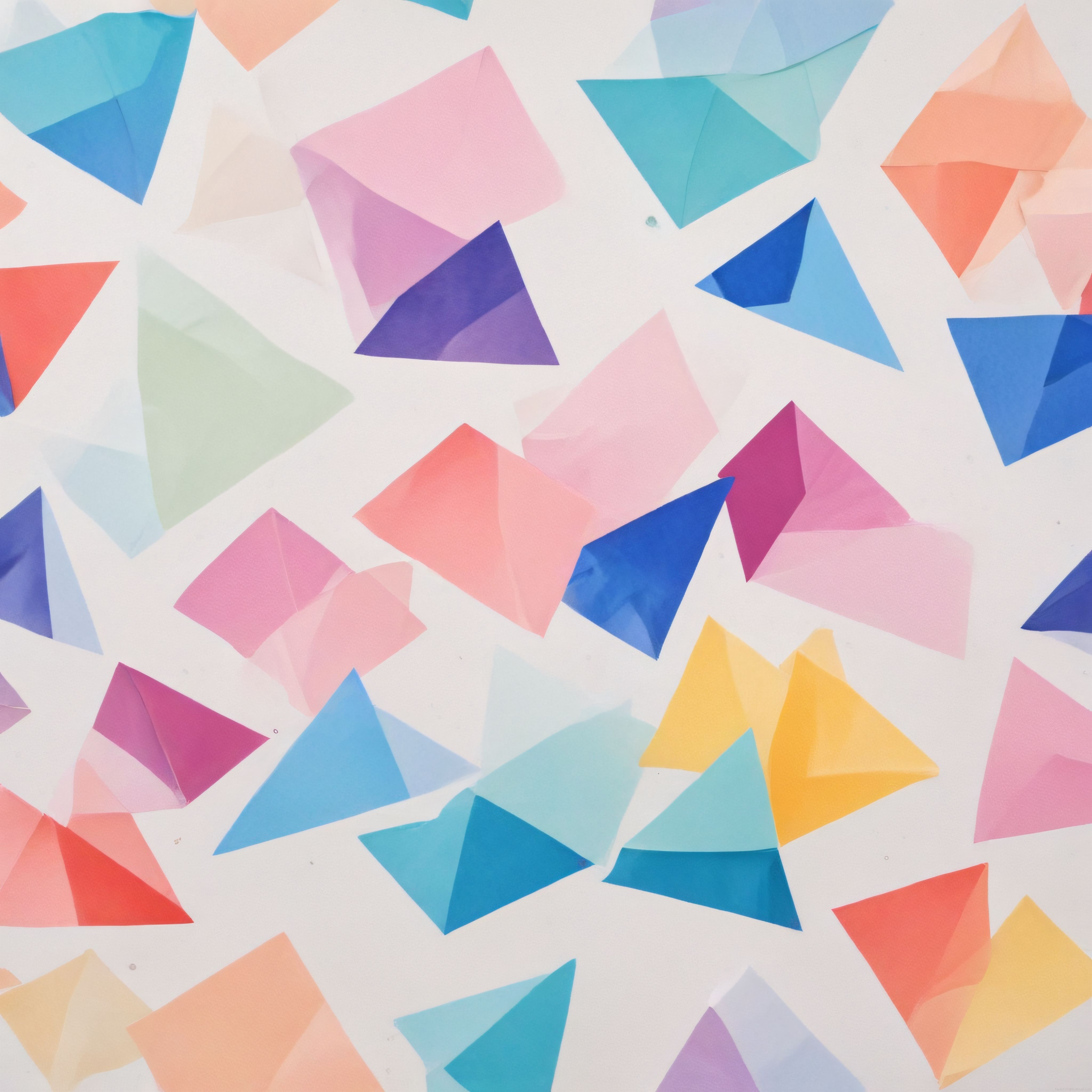 Beyaz zemine dağıtılmış pastel renkli şeffaf geometrik üçgen kağıt şekilleri