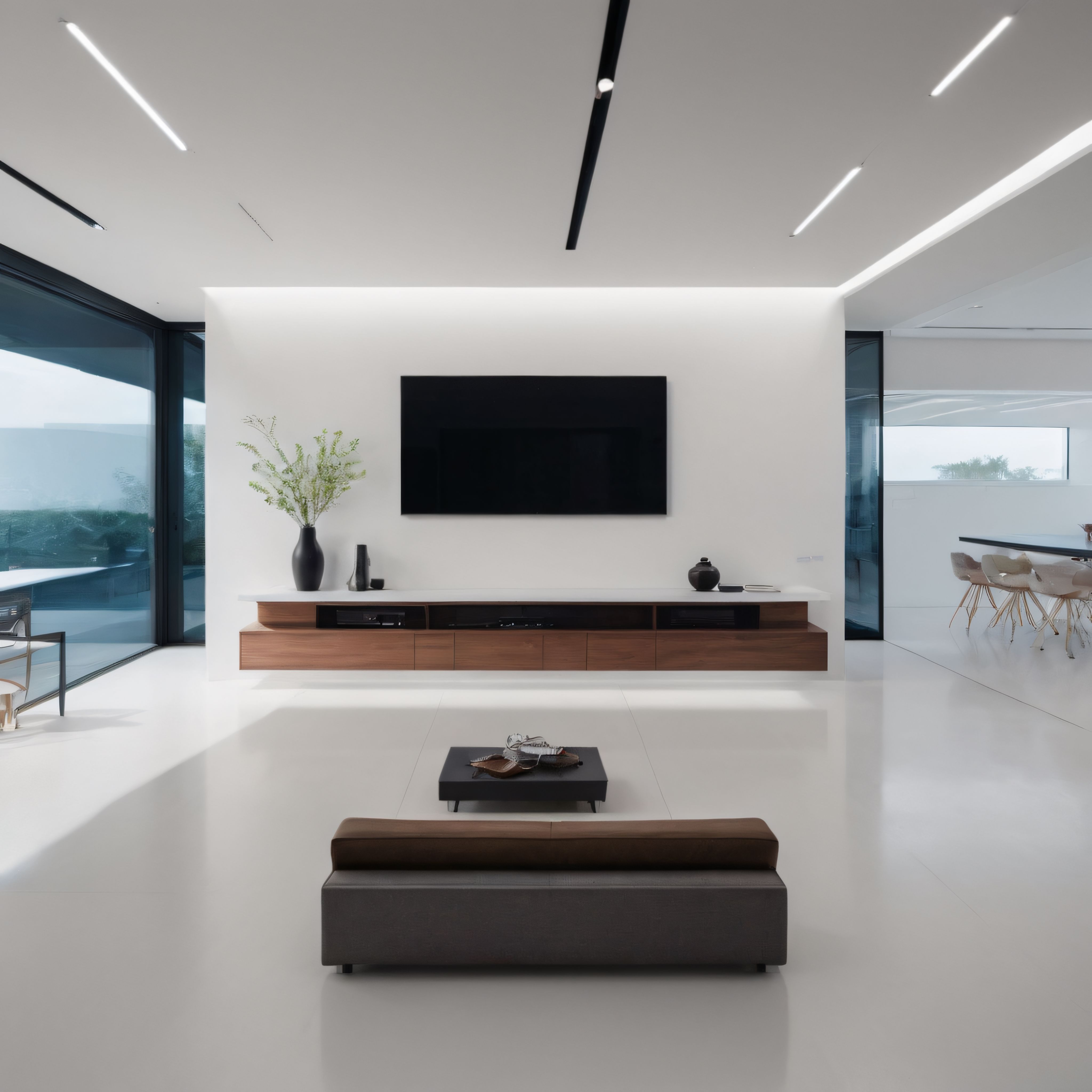 Beyaz zeminli ahşap detaylı modern minimalist lüks oturma odası tasarımı