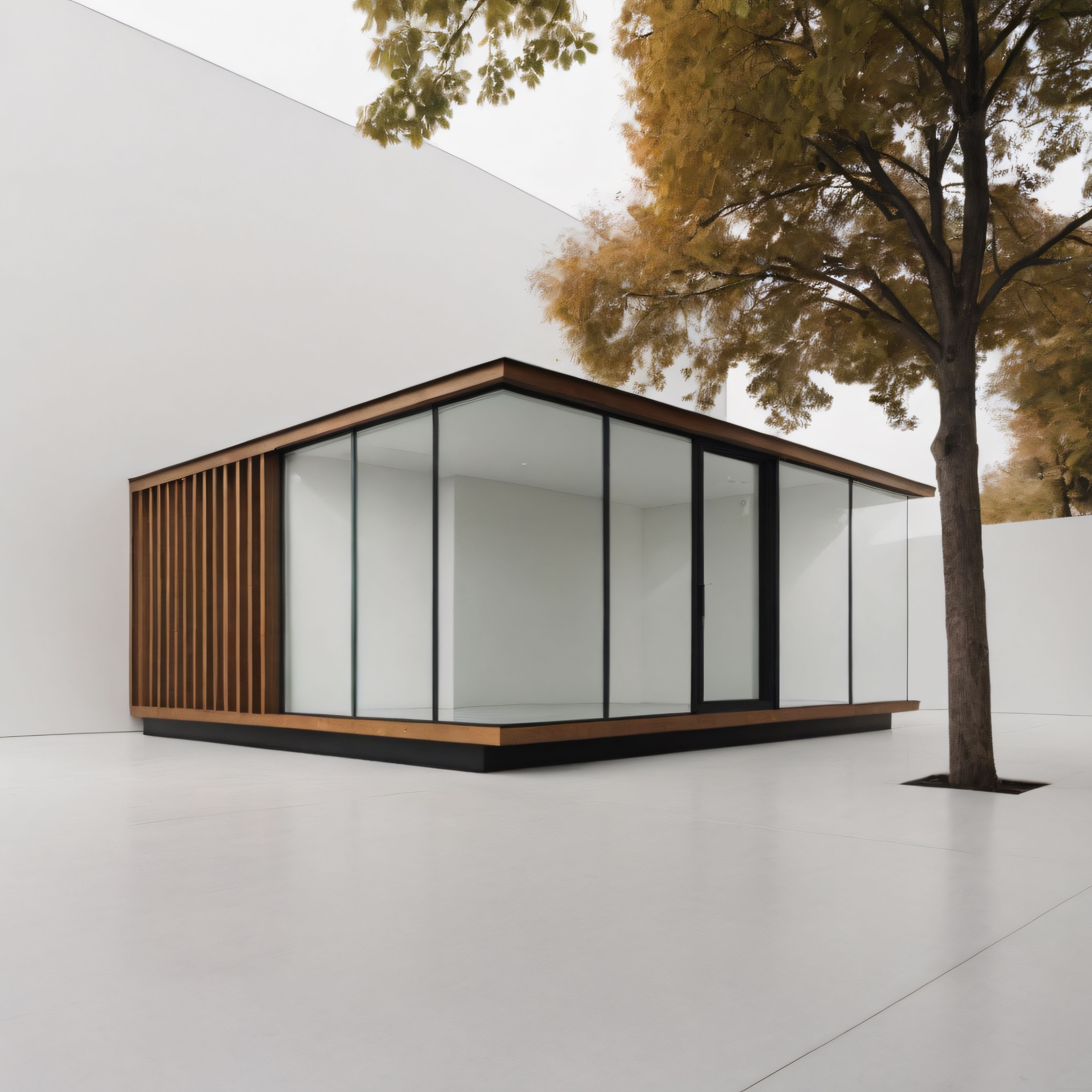 Beyaz Zen Bahçesinde Cam Cepheli Minimalist Modern Mimari Yapı
