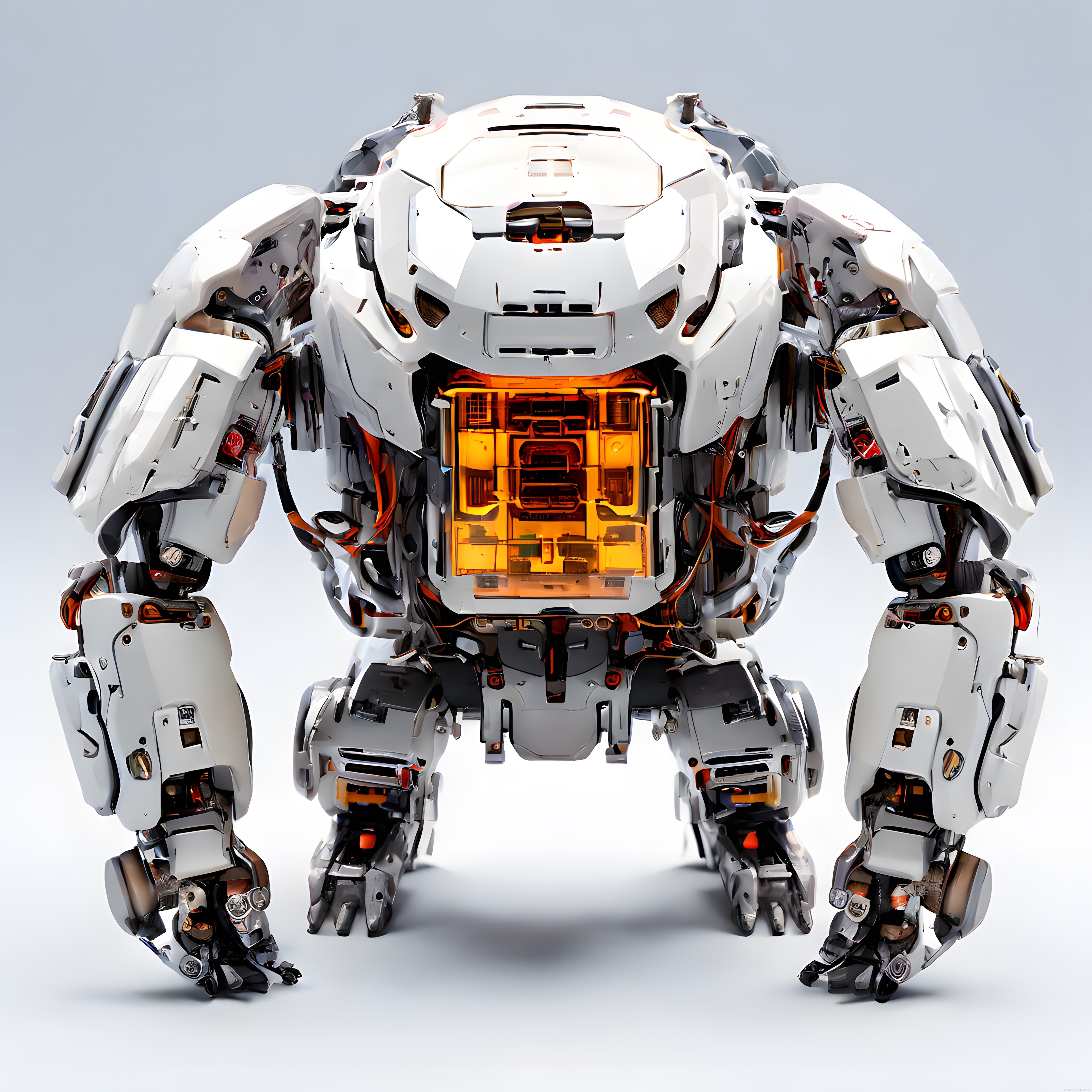 Beyaz Zırhlı Dev Mecha: Turuncu Işıklı Çekirdek ve Gelecek Robot Tasarımı