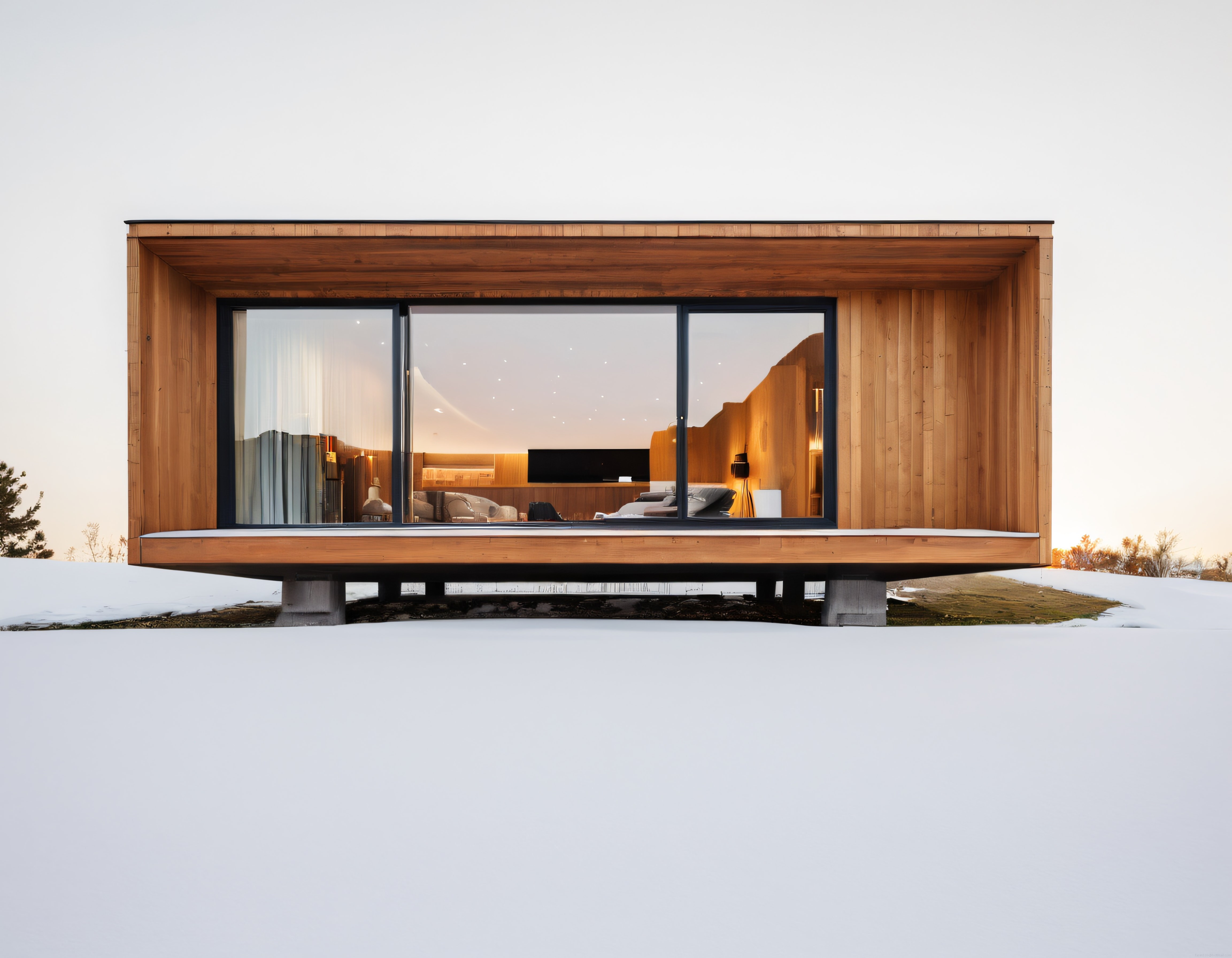 Beyazlar İçinde Modern Ahşap Camlı Dağ Evi ve Minimalist Tasarım