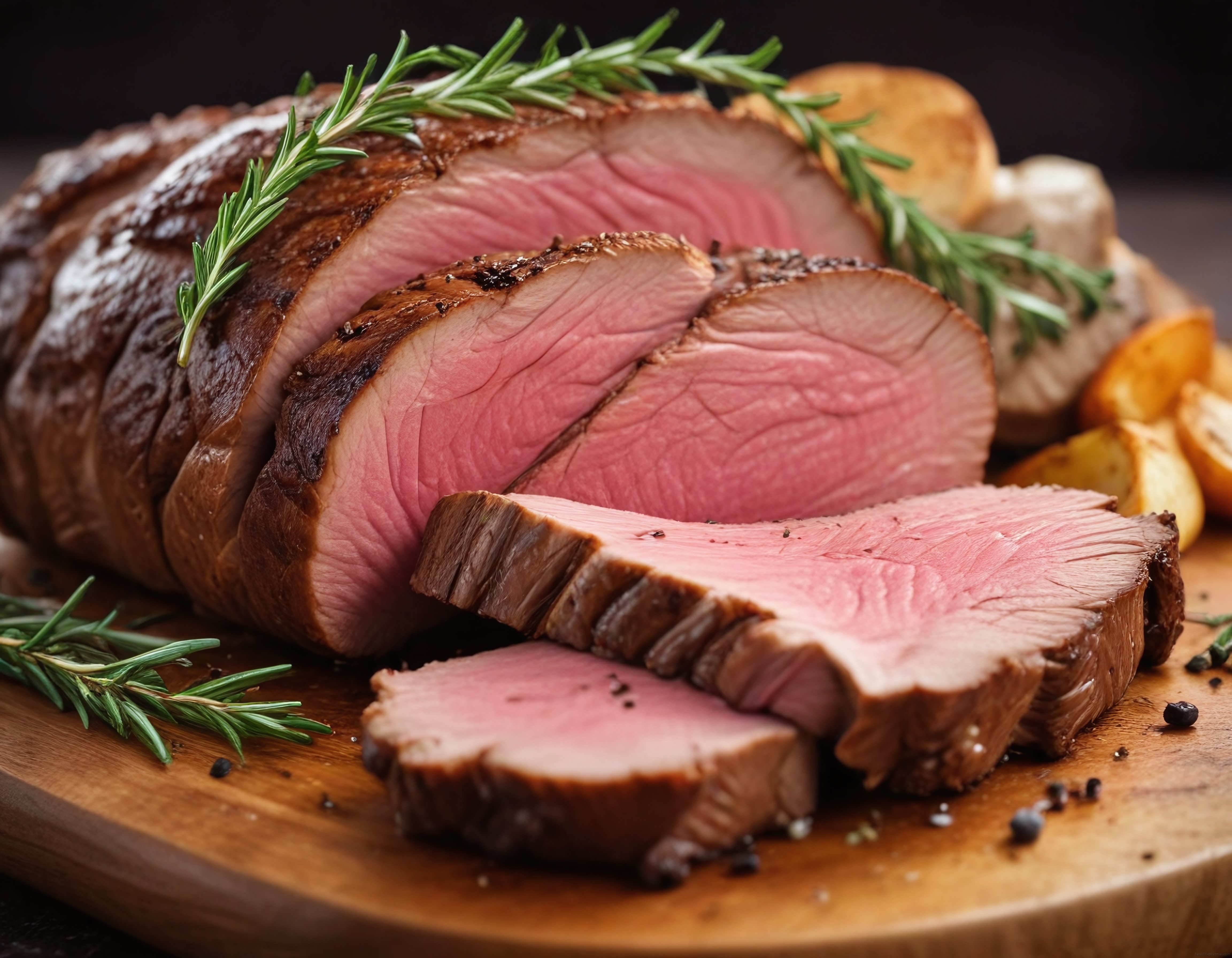 Biberiye ve Karabiberle Süslenmiş Ahşap Tahtada Dilimlenmiş Orta Pişmiş Dana Roast Beef