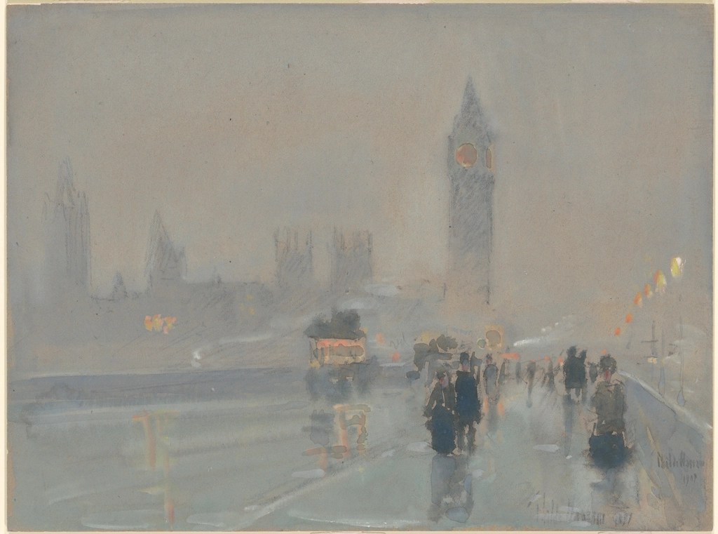 Big Ben ve Sisli Londra Gecesi: İmpresyonist Suluboya Manzara Tablosu