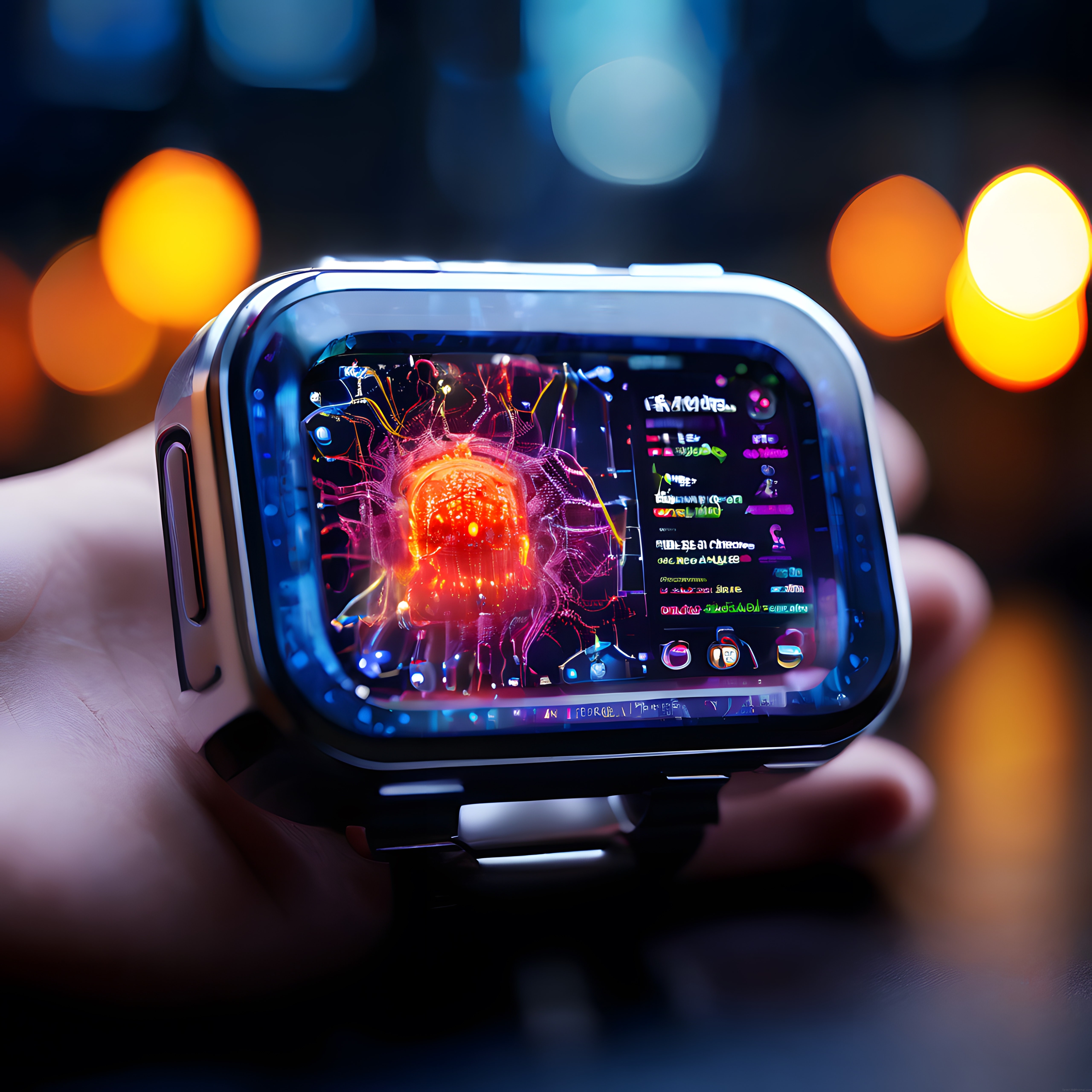 bilekteki holografik akıllı saatte görüntülenen yapay sinir ağı ve nöron haritalaması