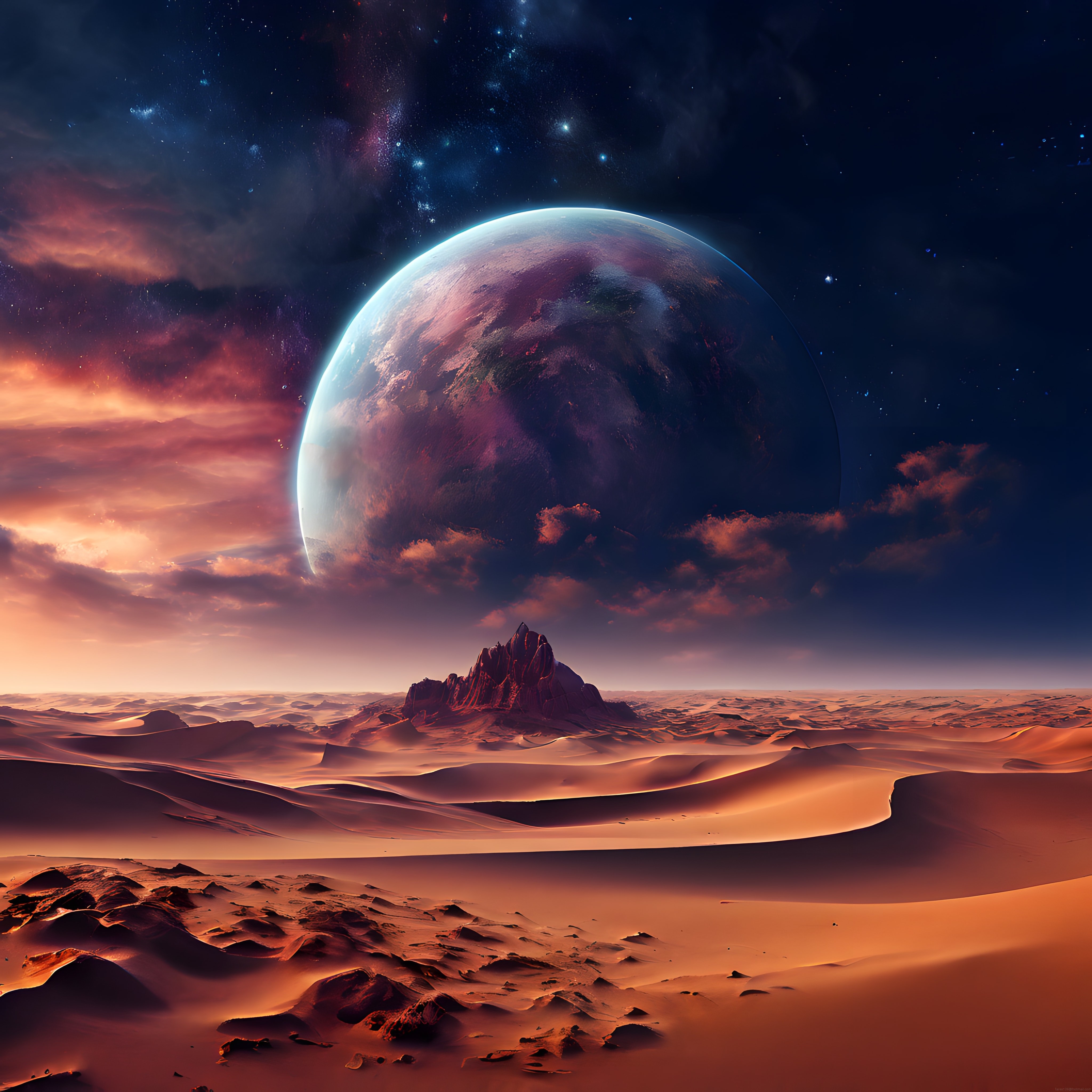 Bilim Kurgu Atmosferinde Yabancı Gezegenin Altın Kumulları ve Dev Gezegen