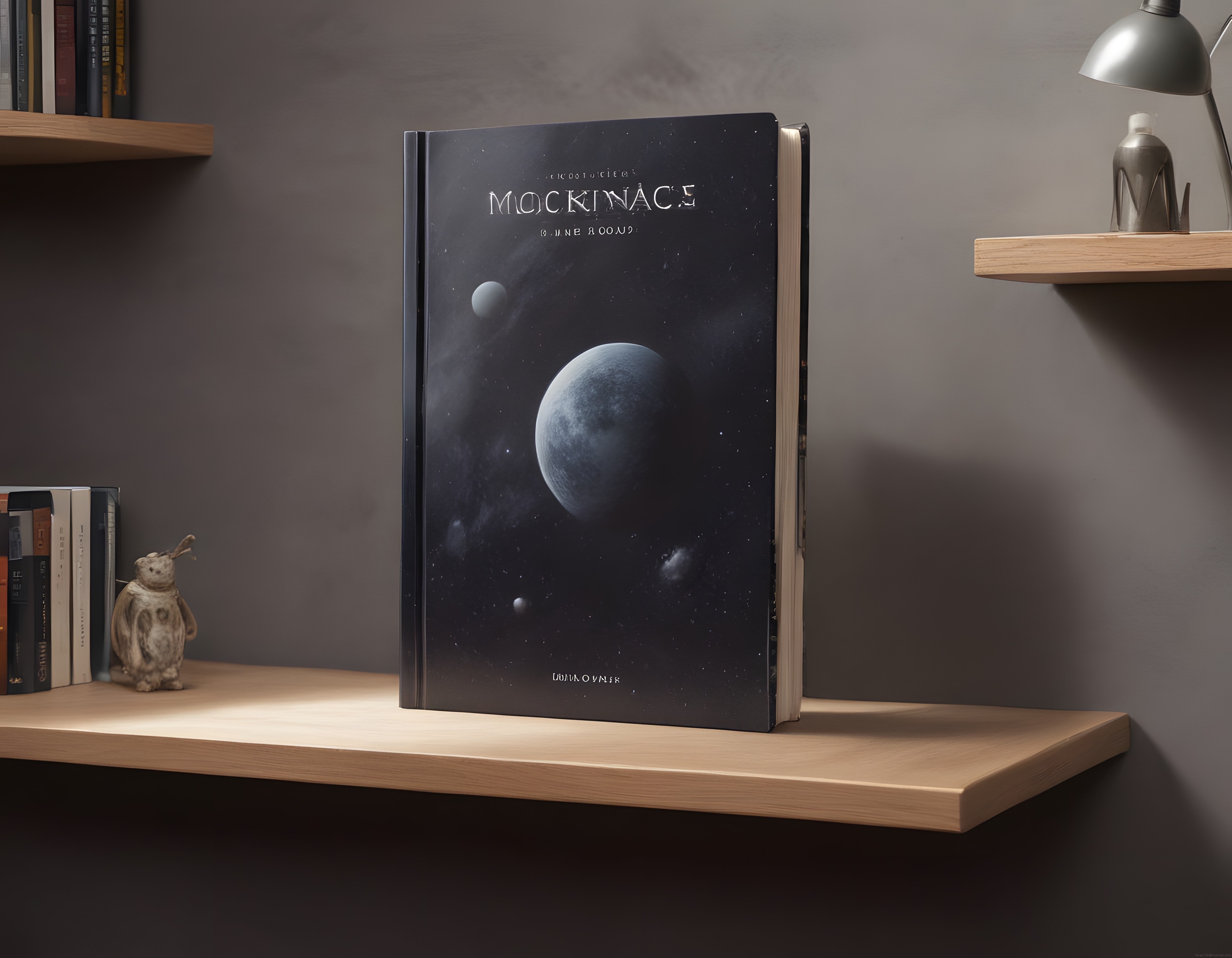 Bilim Kurgu Kitap Kapağı Mockup'ı: Uzay Teması ve Raf Dekoru