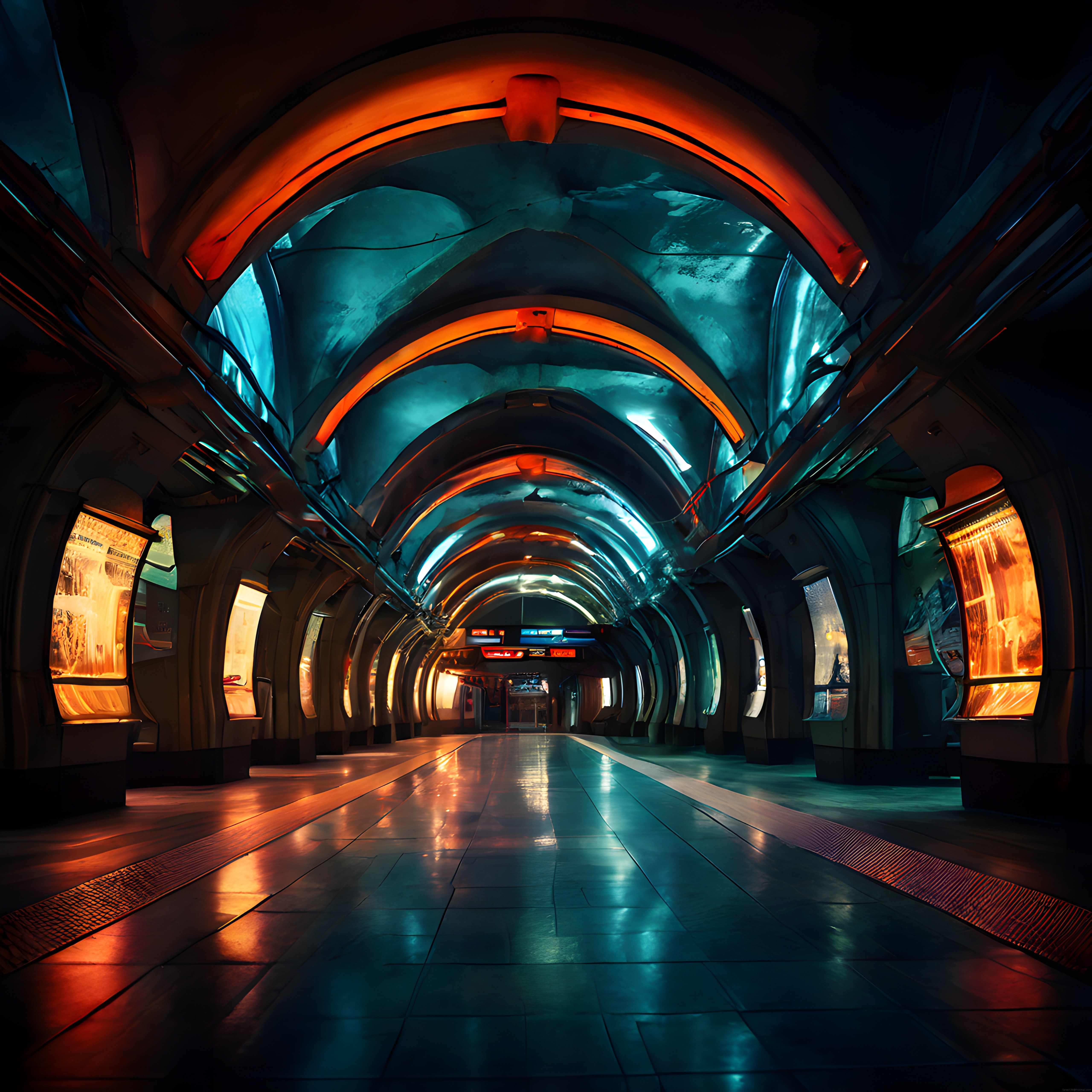 Bilimkurgu Atmosferli Fütüristik Metro Koridoru ve Neon Işık Yansımaları