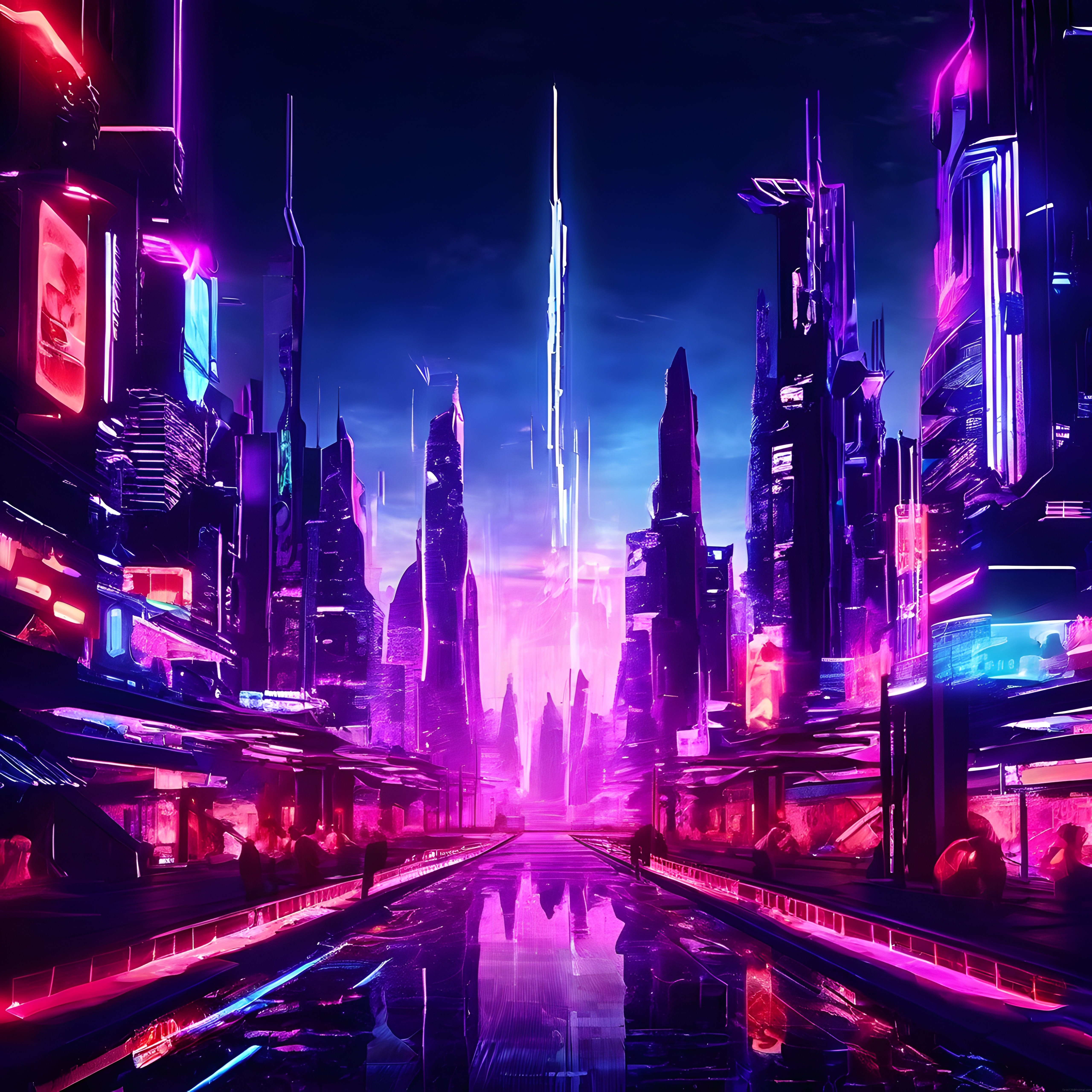 Bilimkurgu Atmosferli Neon Şehir ve Yüksek Kuleler Dijital Sanat Eseri