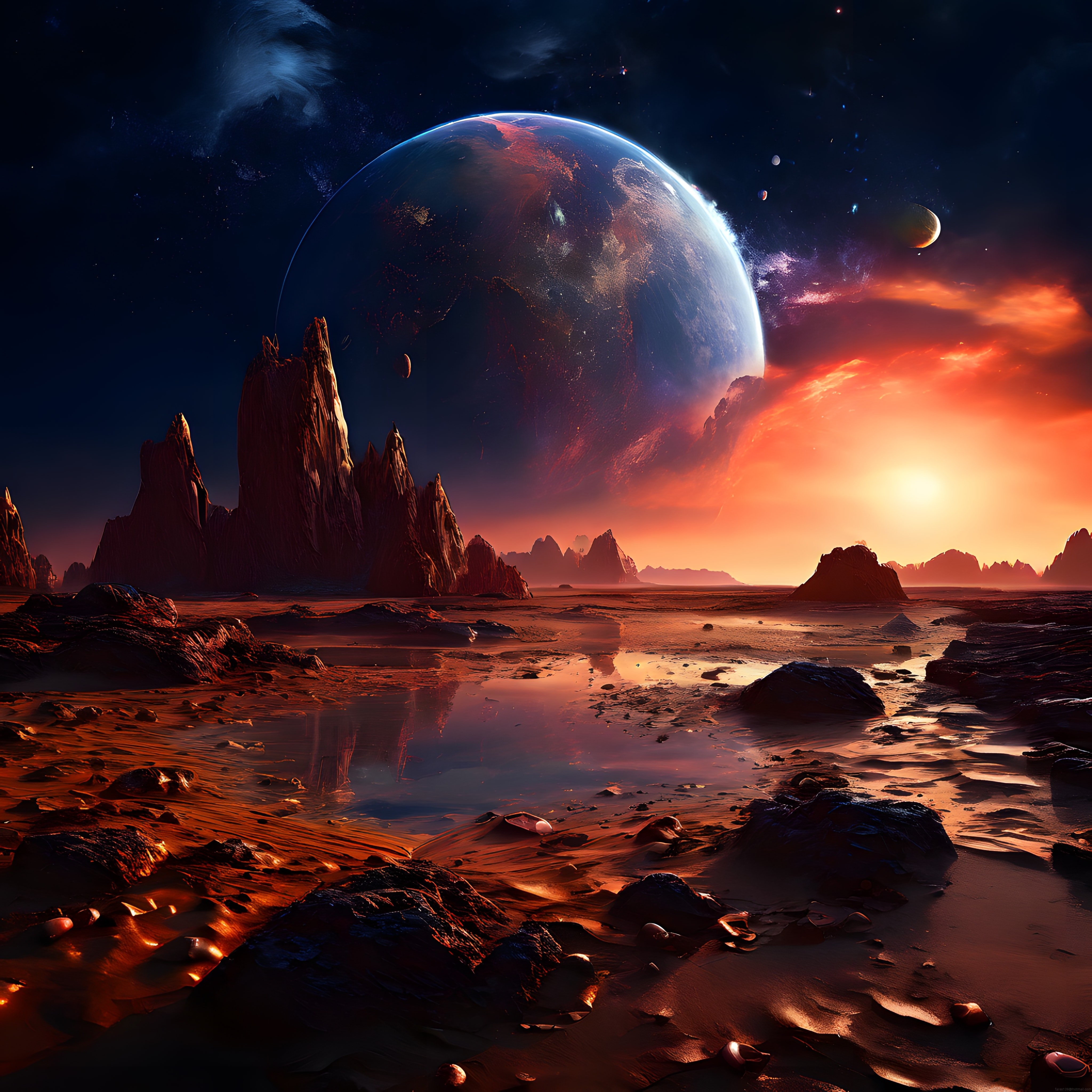 Bilinmeyen Bir Dünyada Devasa Gezegen ve Renkli Nebula Altında Gün Batımı