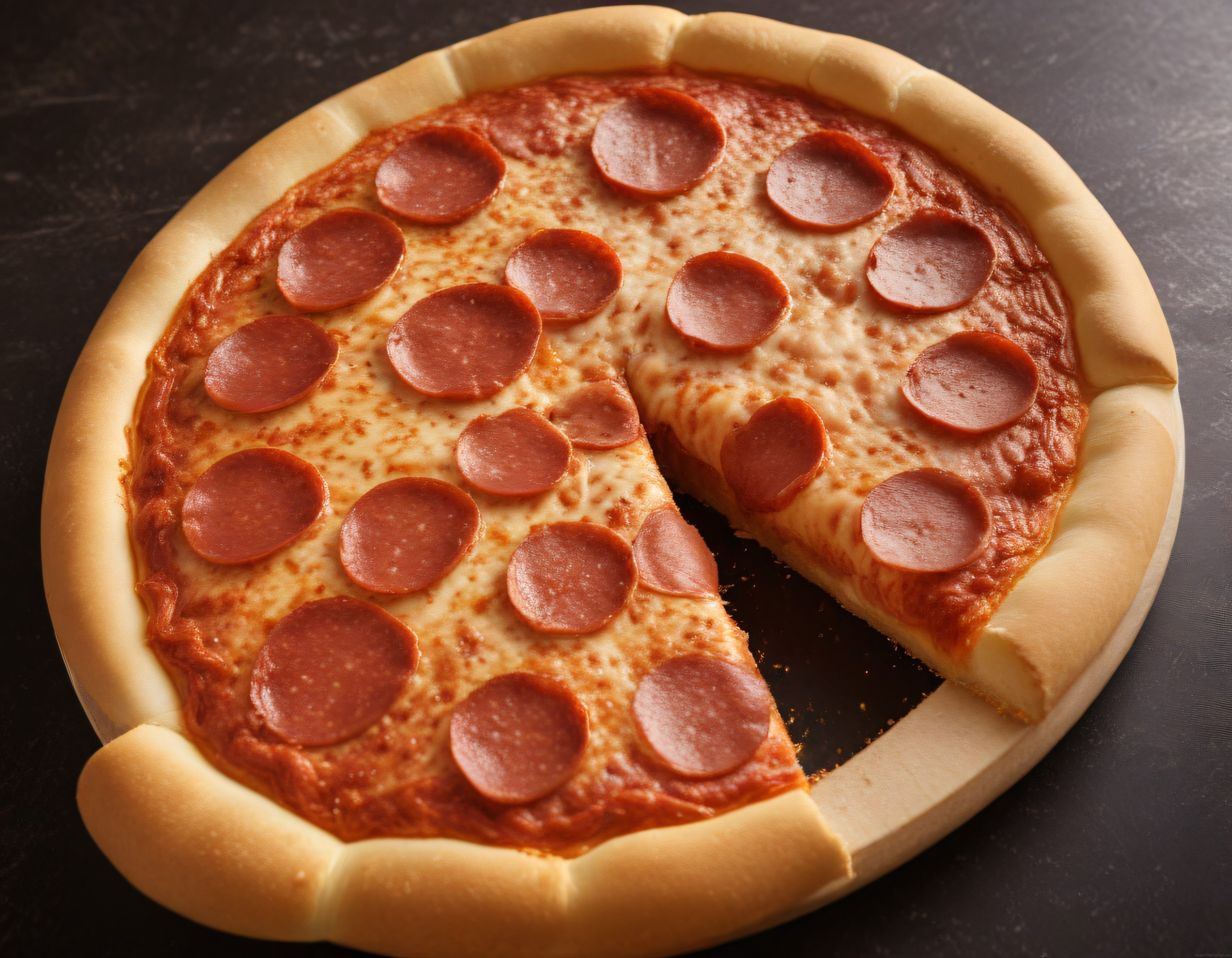 Bir dilimi alınmış fırından sıcacık çıtır kenarlı pepperoni pizza