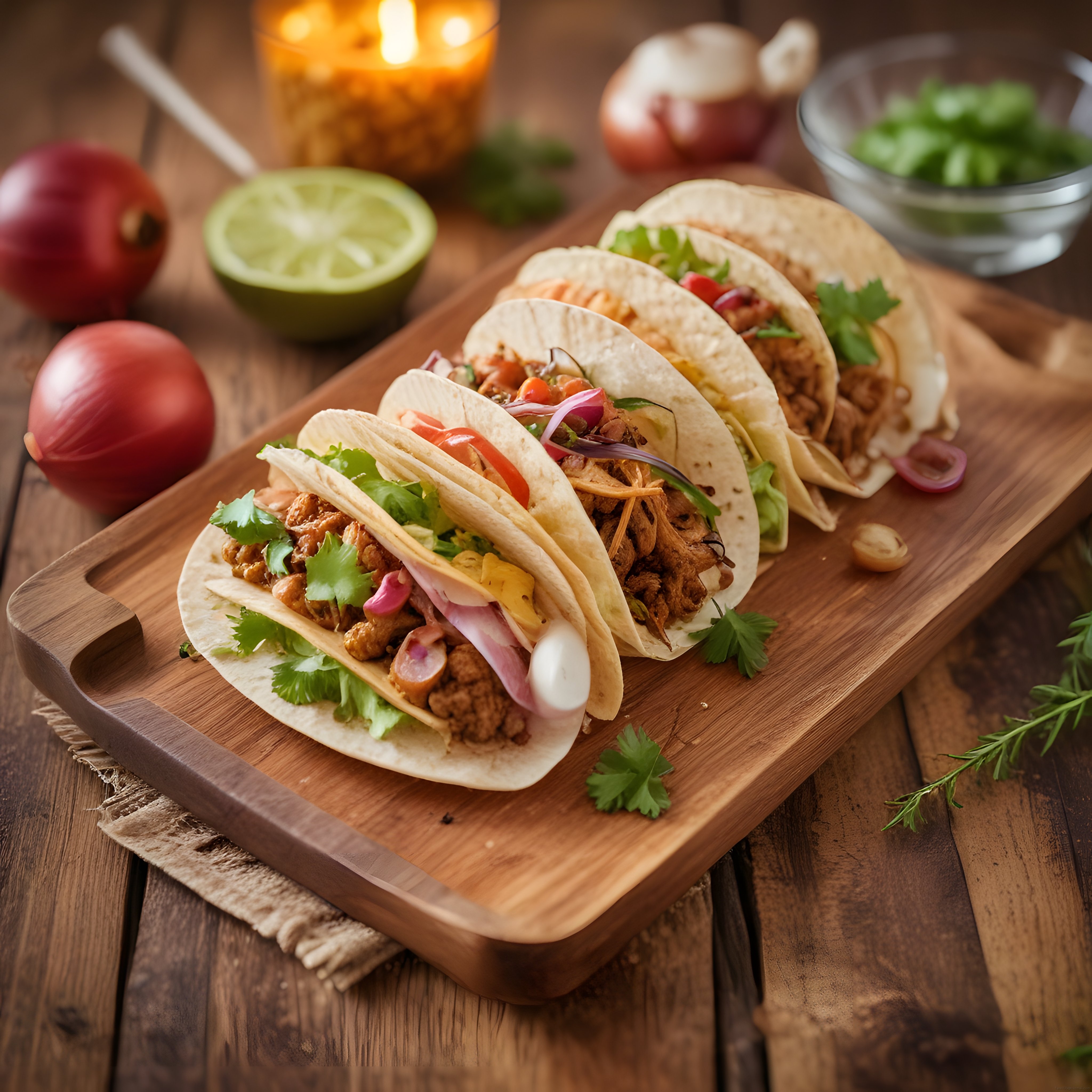 Birbirinden Lezzetli Meksika Taco Çeşitleri Ahşap Sunum Tahtası Üzerinde