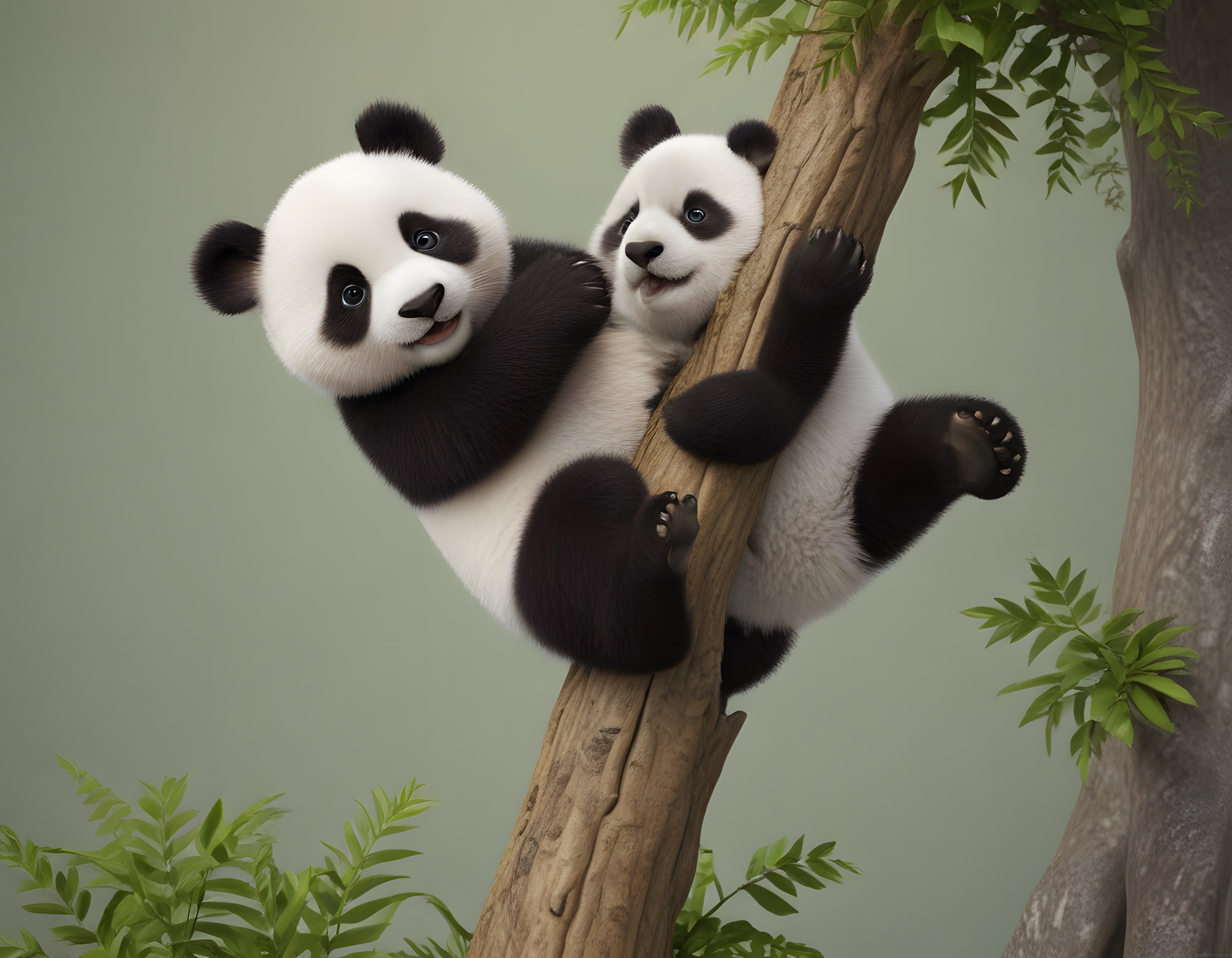 Birlikte ağaca tırmanan iki sevimli panda yavrusunun doğal ortamdaki masalsı anı