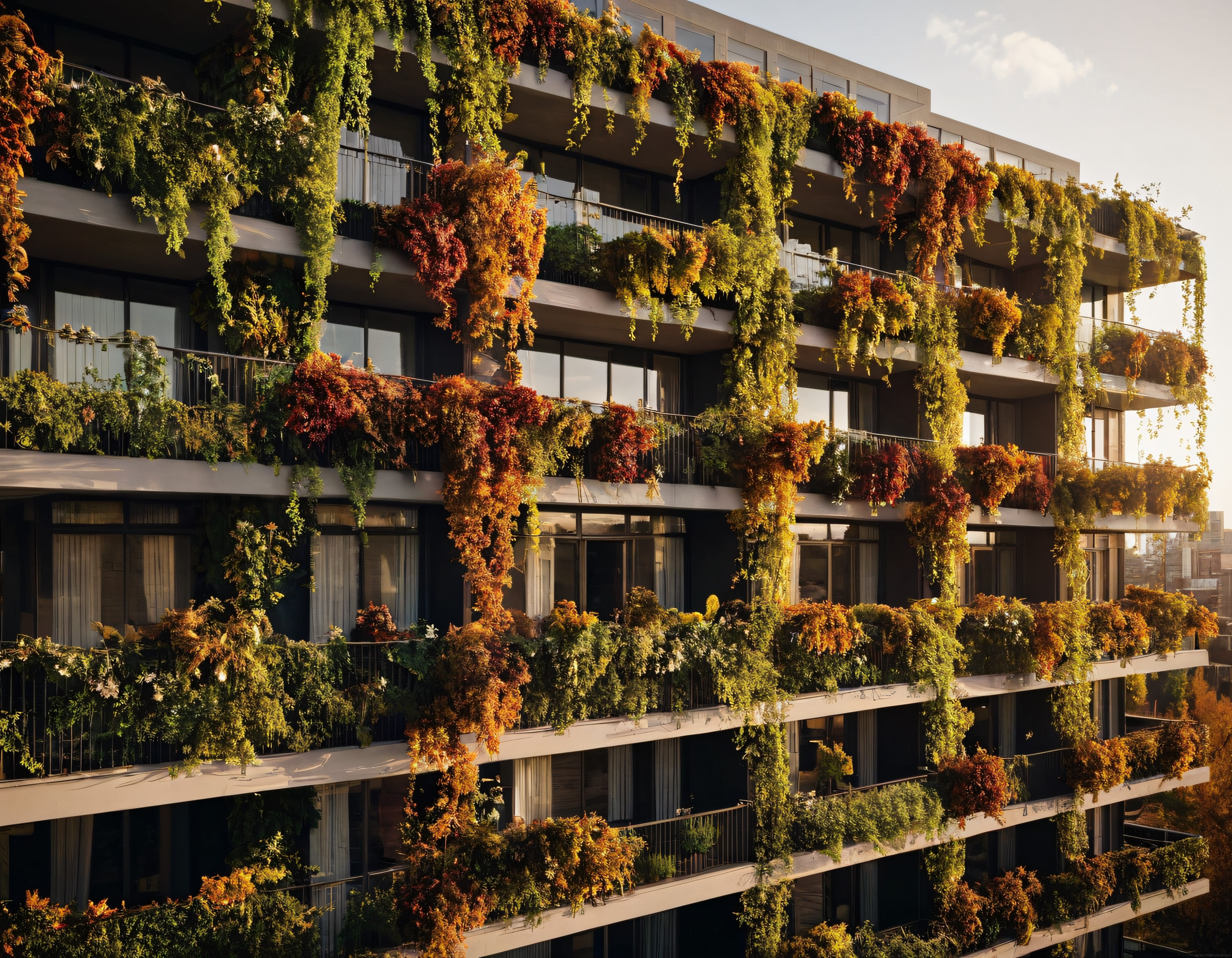 Bitkilerle Kaplanmış Modern Apartman Cephesinde Sonbahar Renkleri