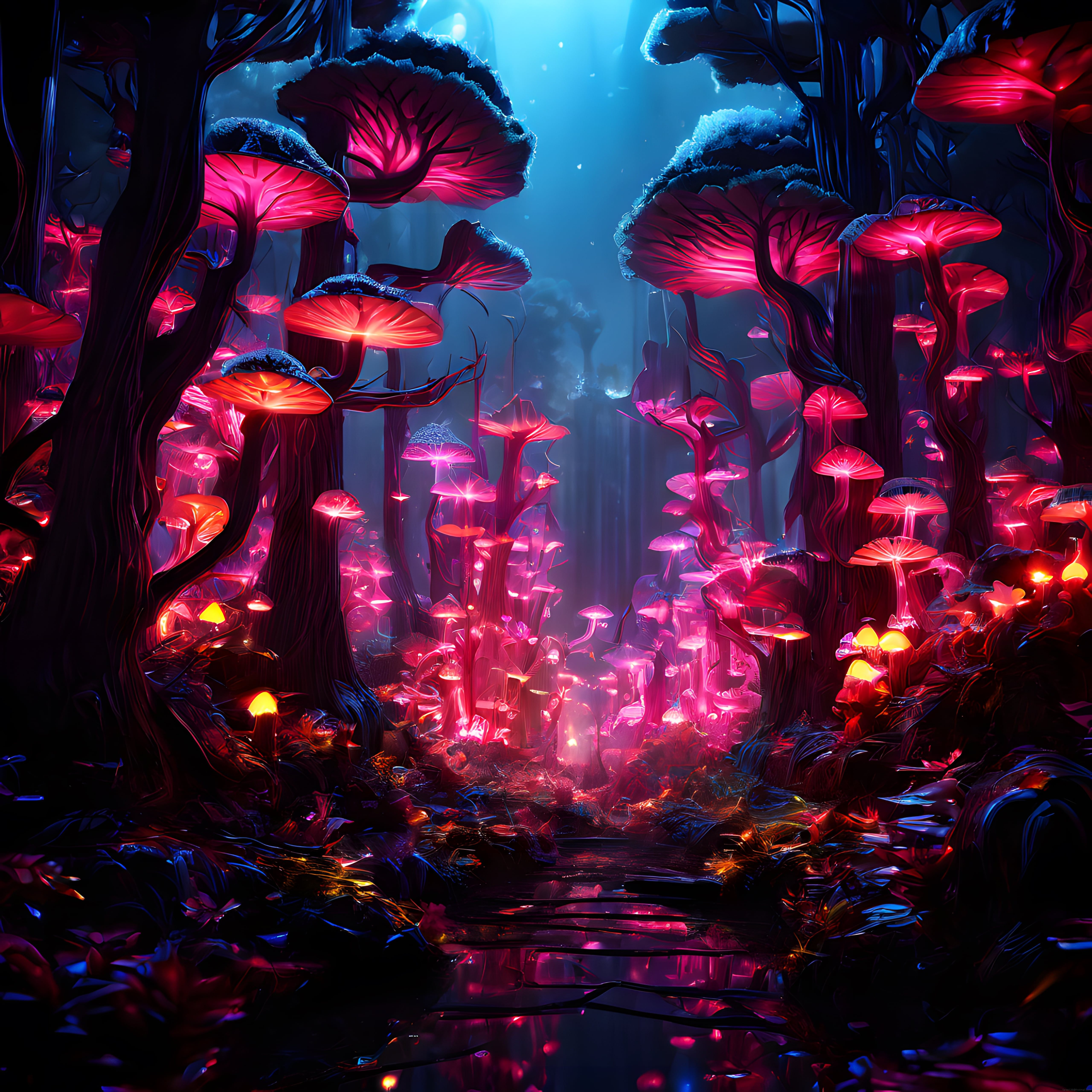Biyoluminesans Mantar Ormanı: Neon Işıltılı Fantastik Doğa Manzarası
