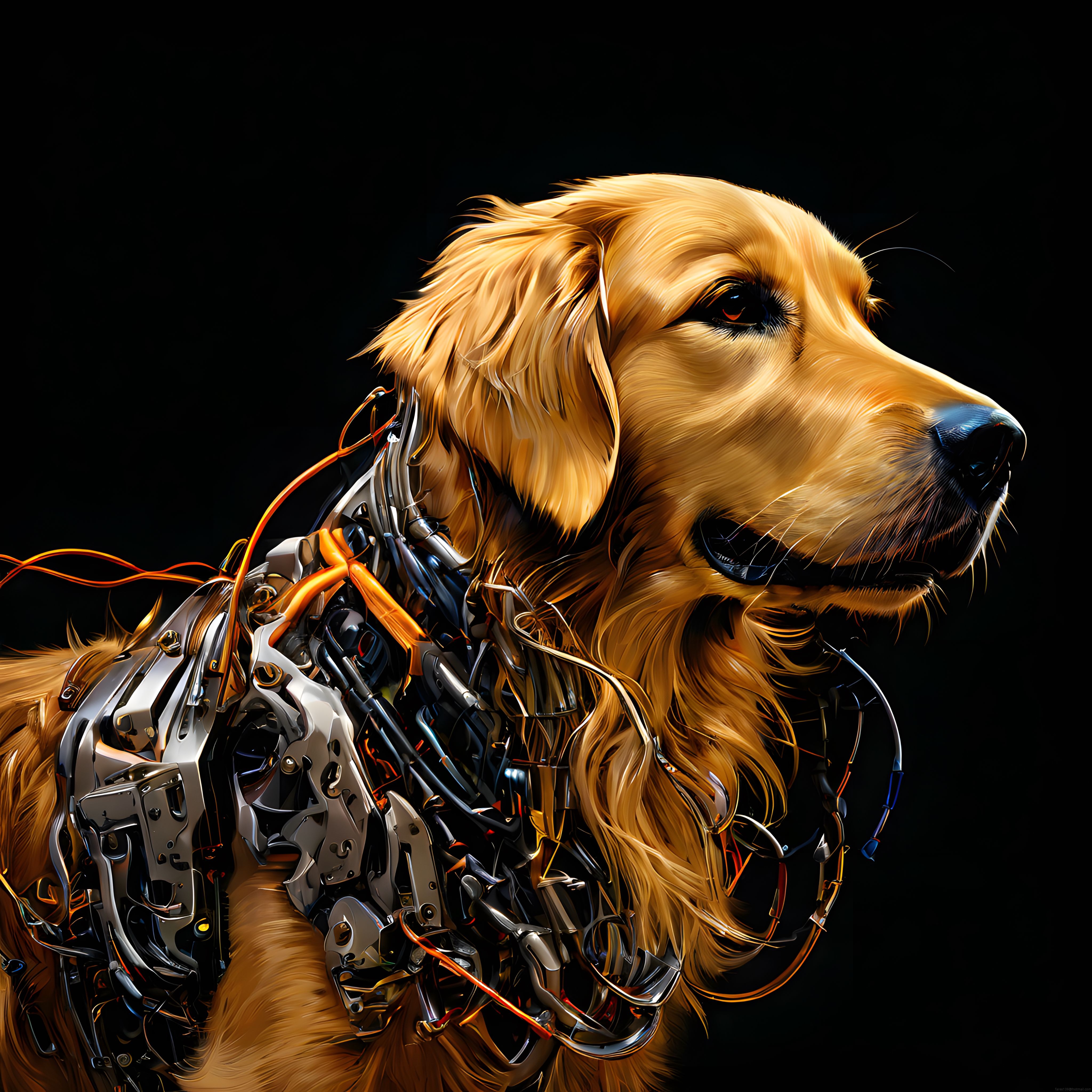 Biyomekanik Golden Retriever: Cyberpunk Dijital Sanat ve Robotik Köpek Tasarımı