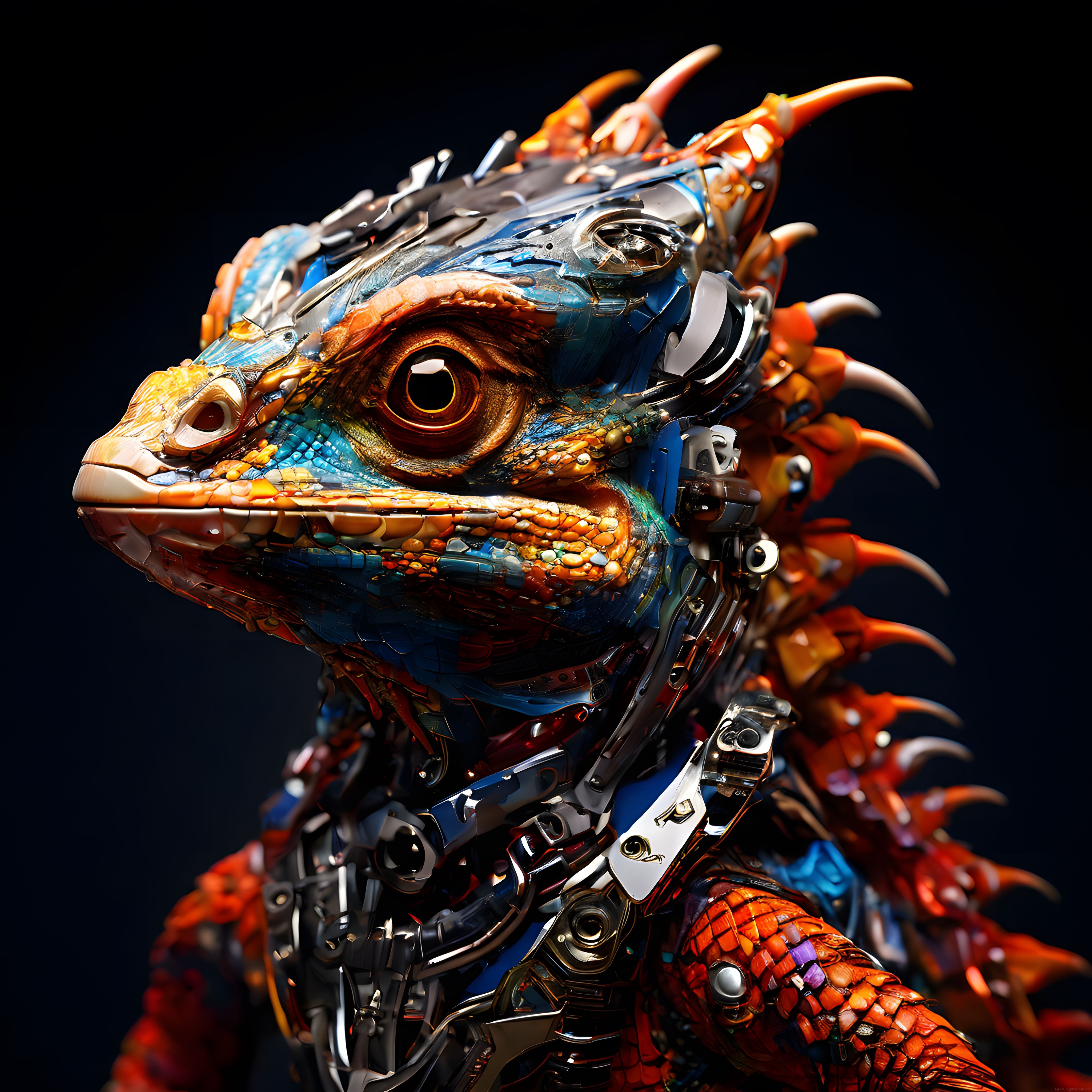 Biyomekanik İguana Portresi: Metal ve Pulların Dansıyla Futuristik 3D Sanat