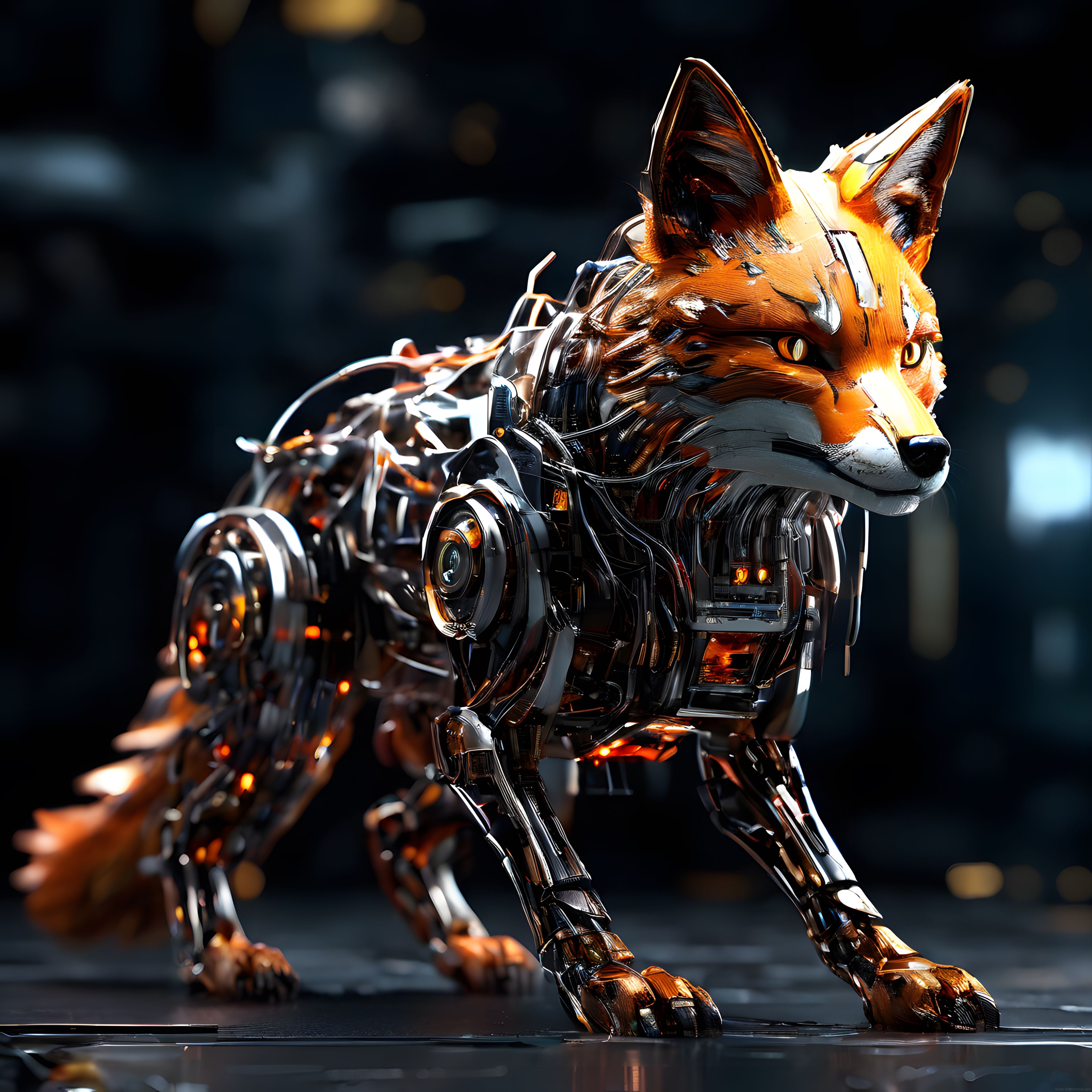 Biyonik Tilki: Geleceğin Metal Robotu, Turuncu LED Işıltılar ve 3D Render