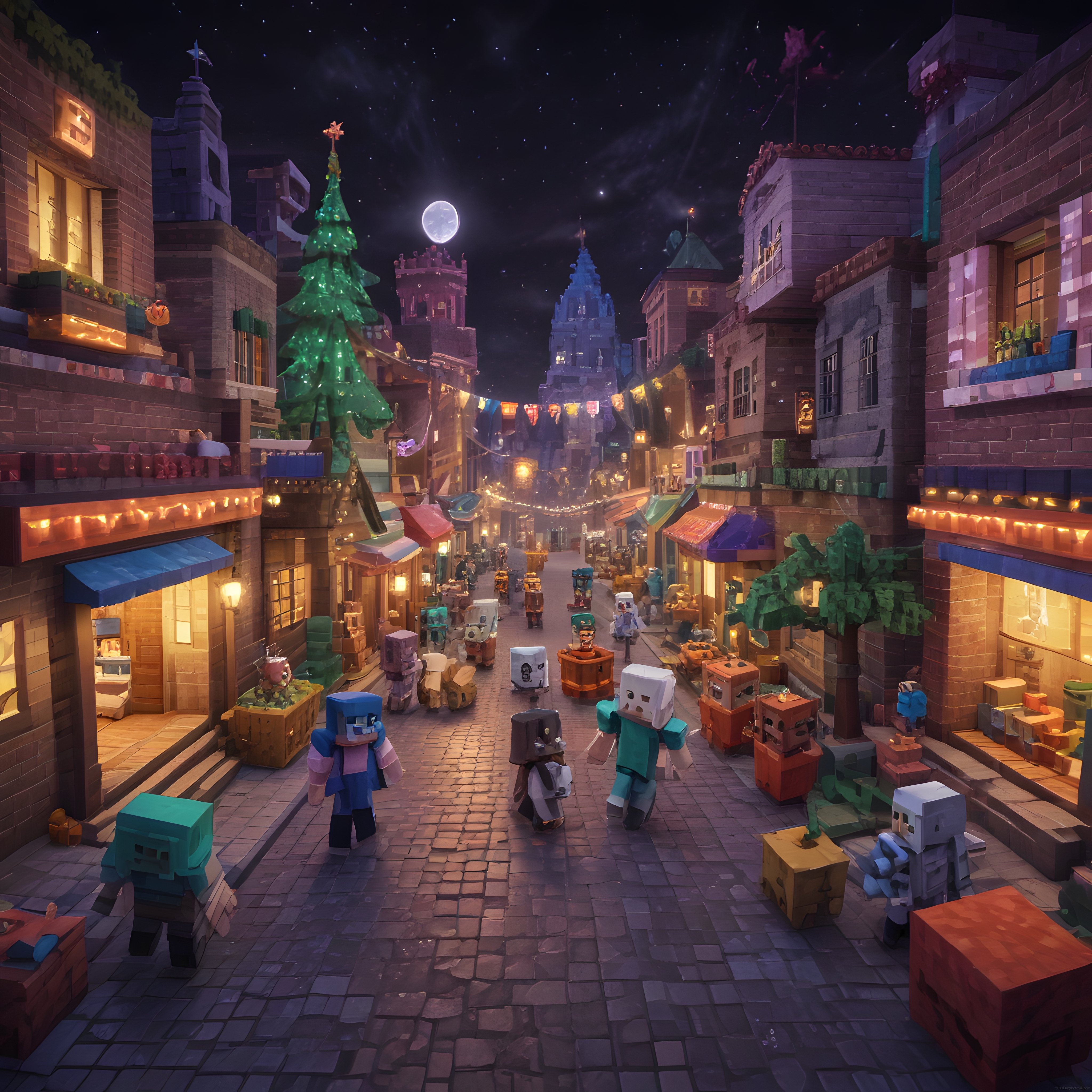 Blok Grafikli Fantastik Gece Şehri: Minecraft Tarzı İllüstrasyon ve Karakterler