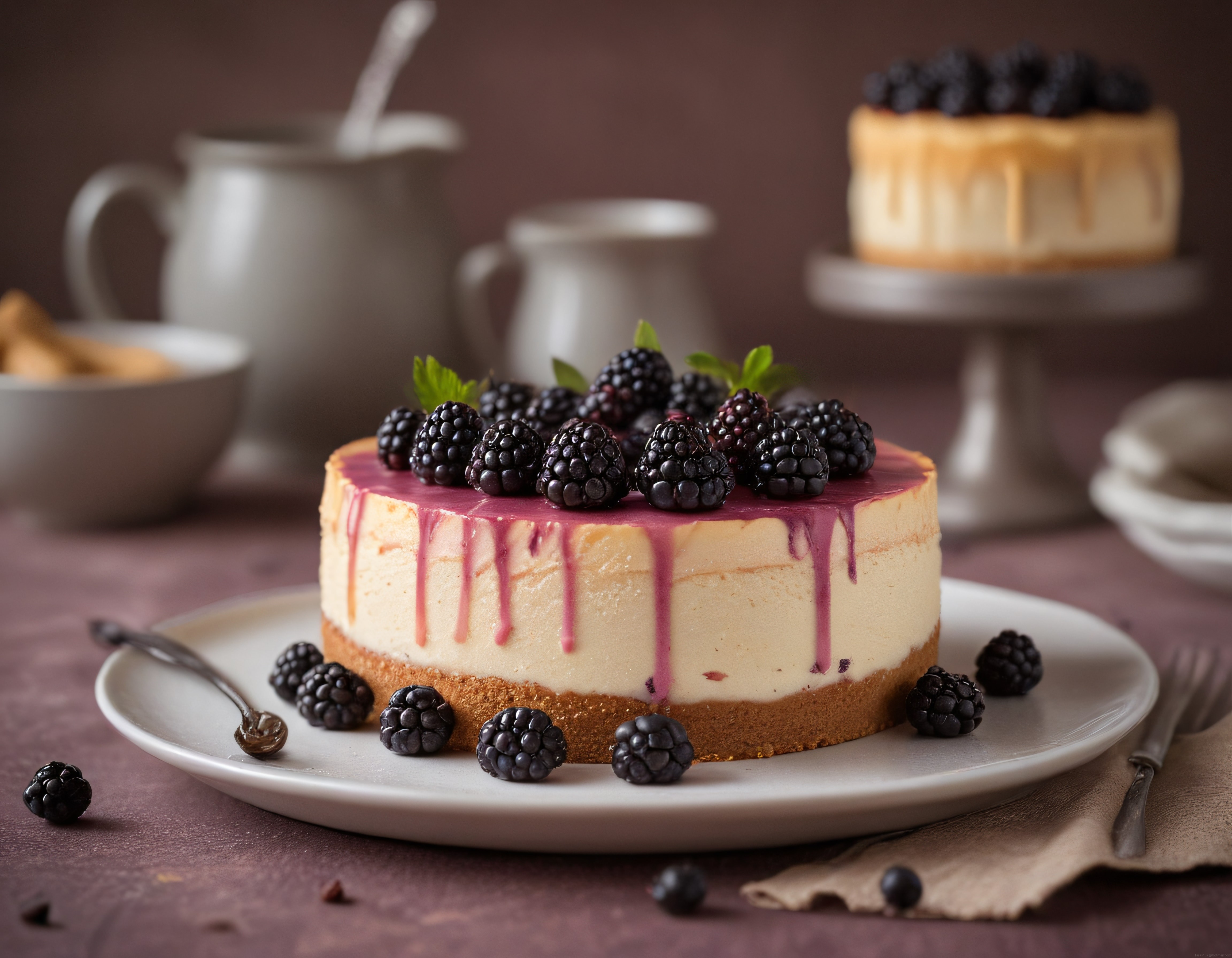 Böğürtlen Sosu ve Taze Meyve ile Süslenmiş Nefis Cheesecake