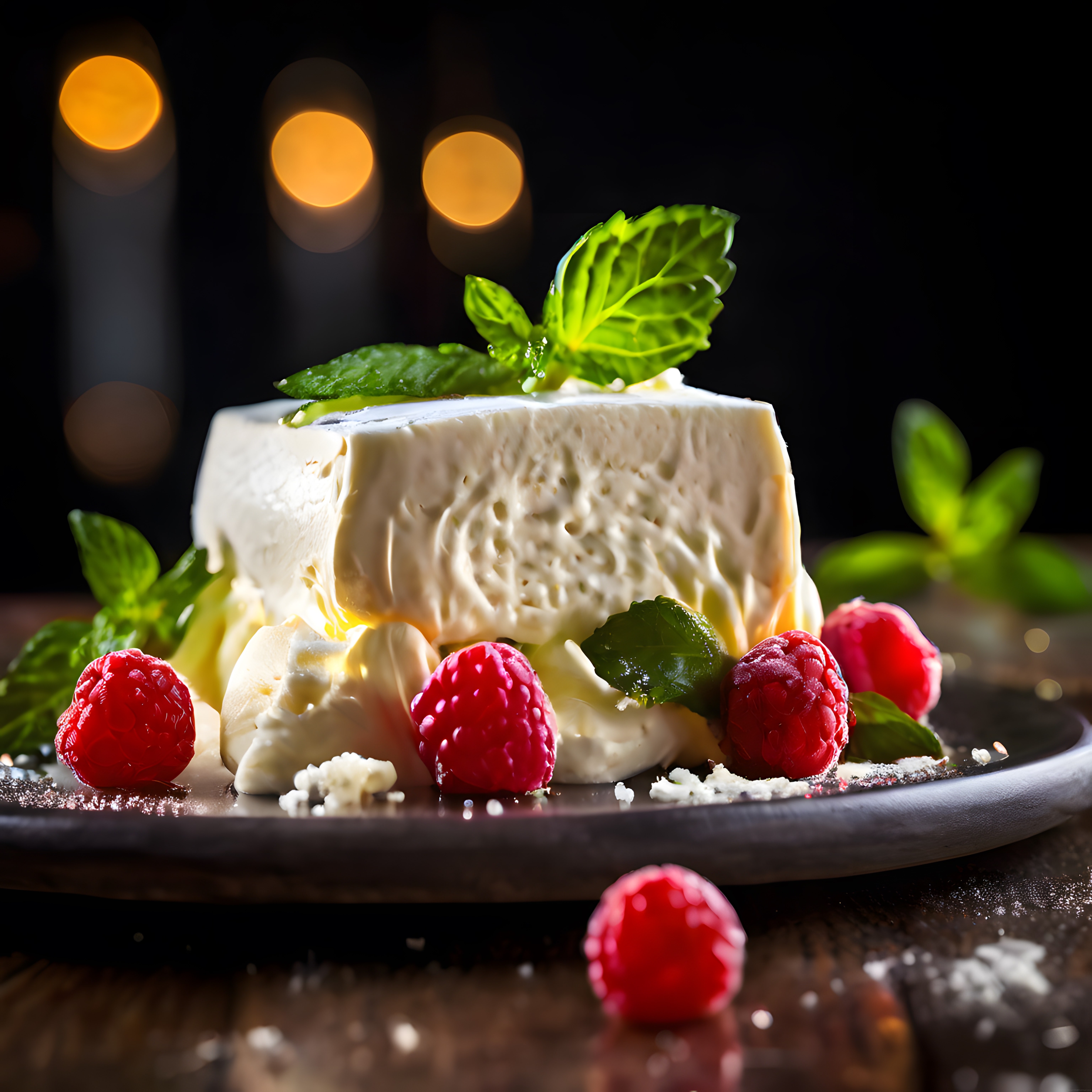 Bokeh Işık Efektleriyle Süslenmiş Ahududulu ve Naneli Panna Cotta Tatlısı