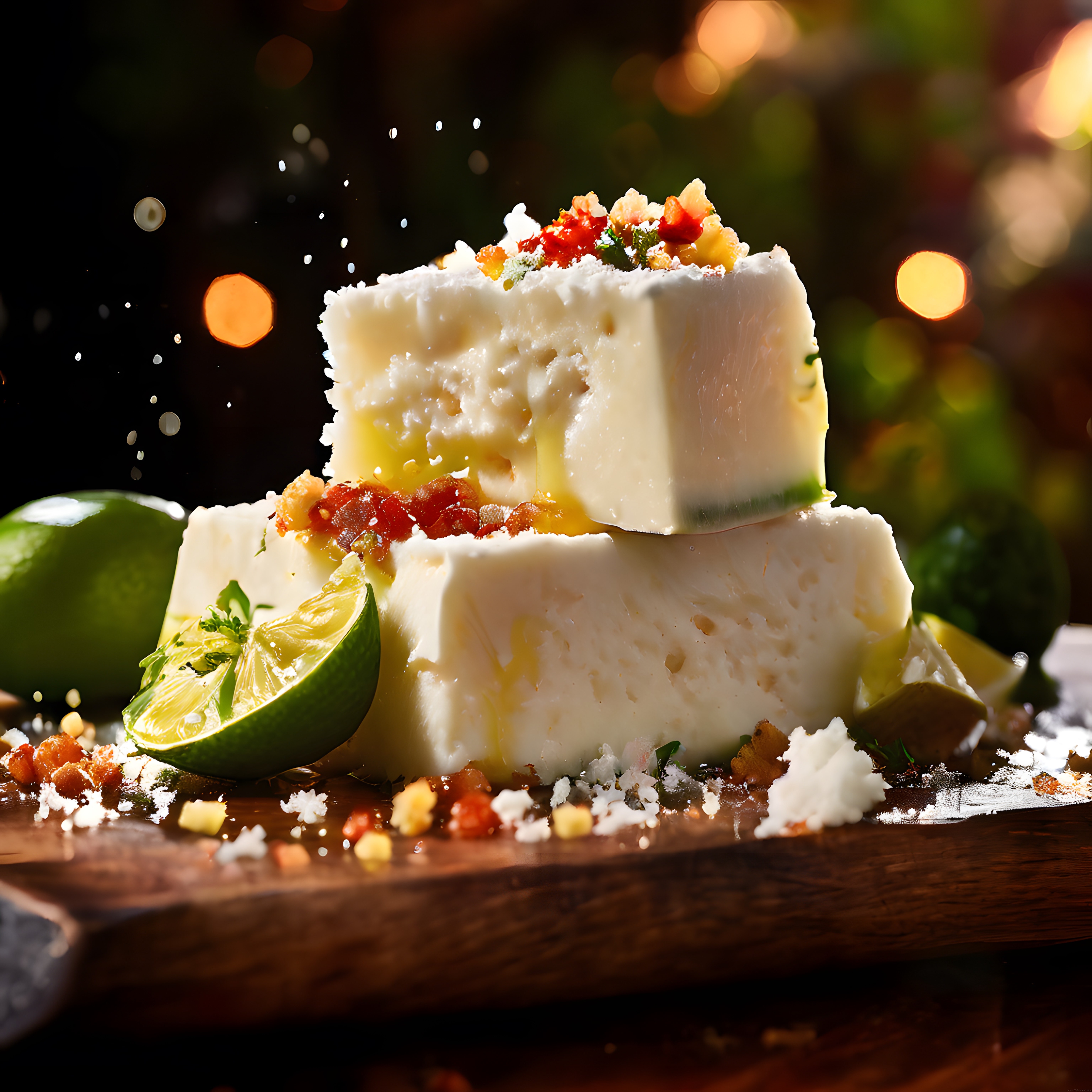 Bokeh Işıklar Eşliğinde Çift Katlı Meyveli Beyaz Pasta ve Taze Limon