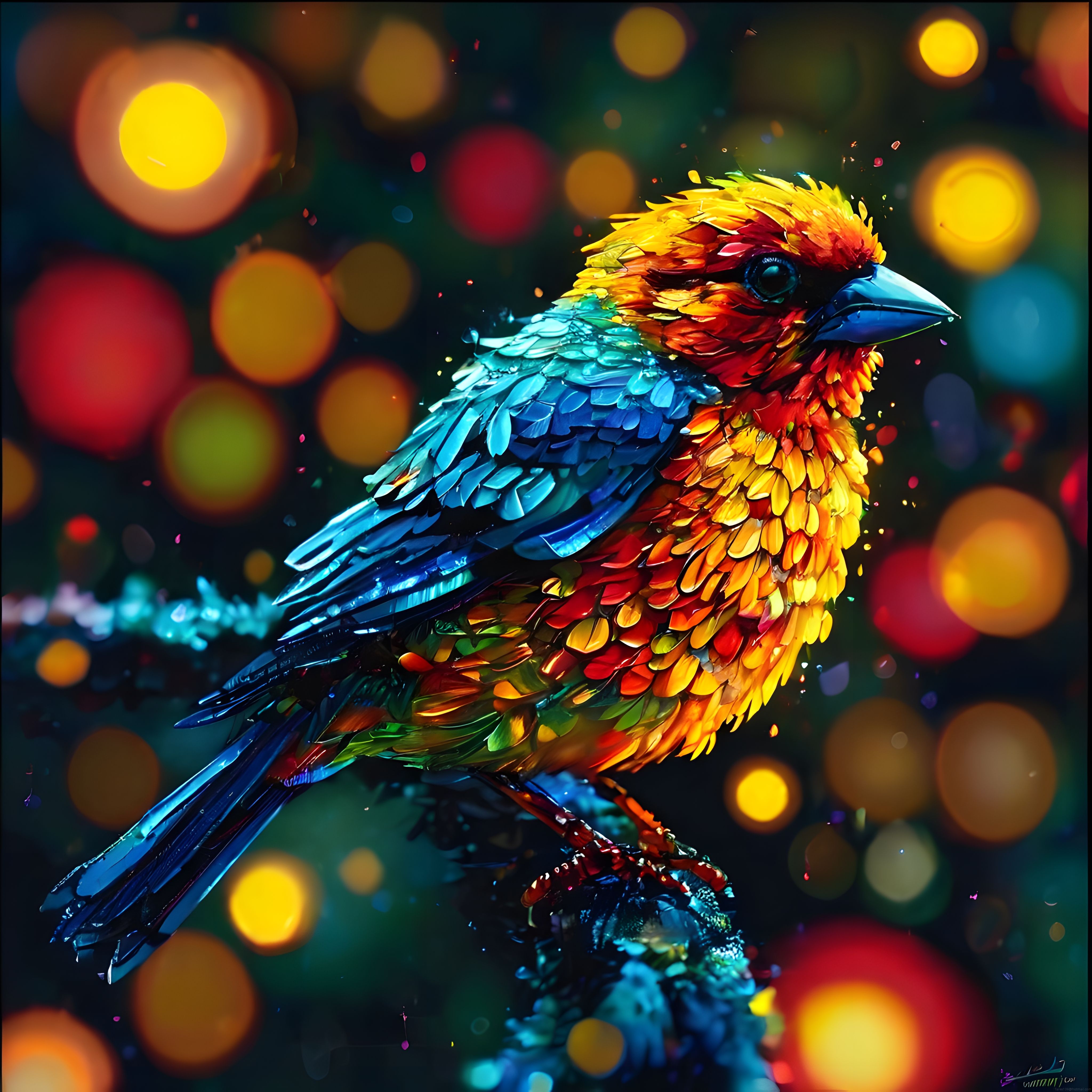 Bokeh Işıkları Altında Parlak Renkli Fantastik Kuş Dijital Sanat Eseri