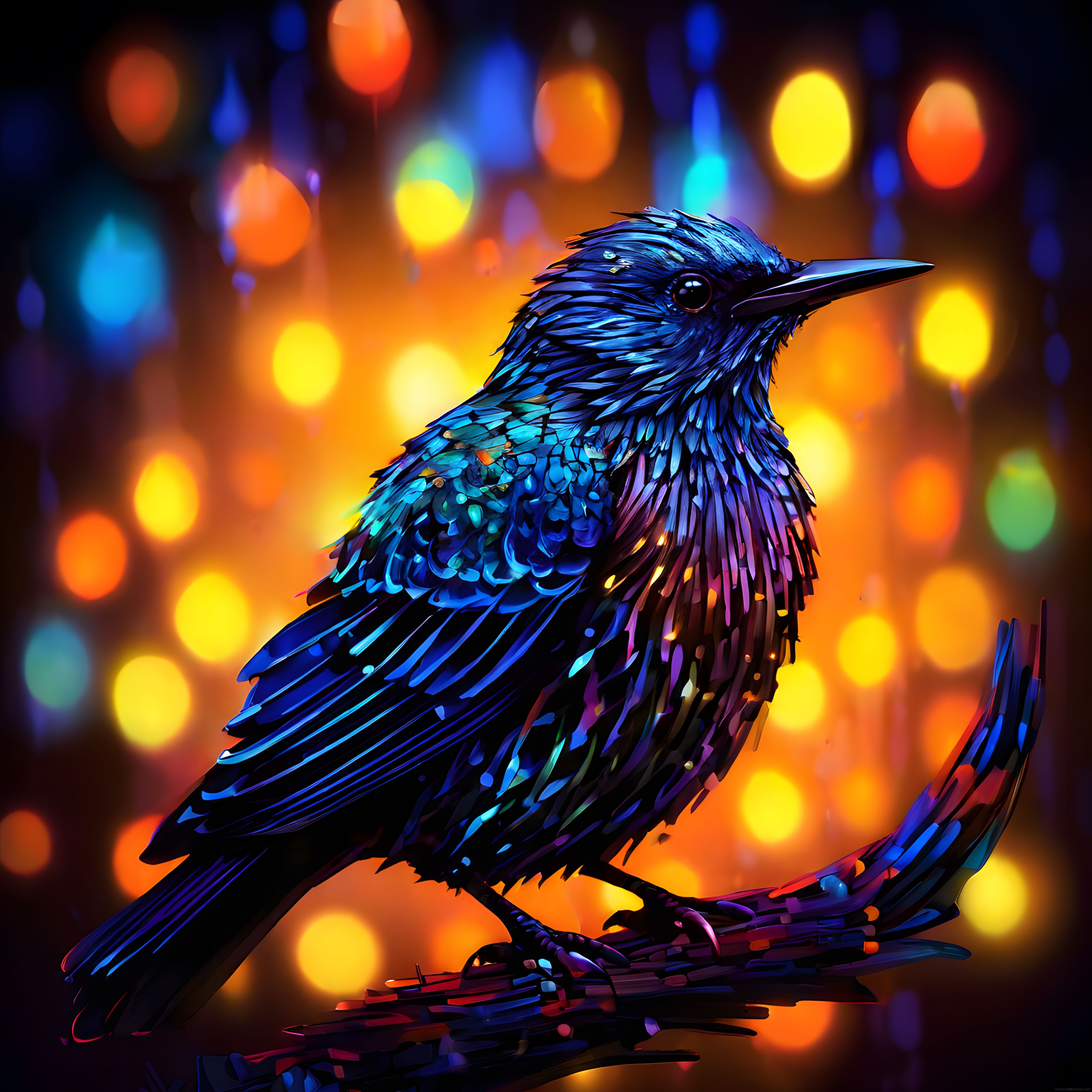Bokeh Işıkları Önündeki Mavi Karga Dijital Fantastik Sanat Eseri
