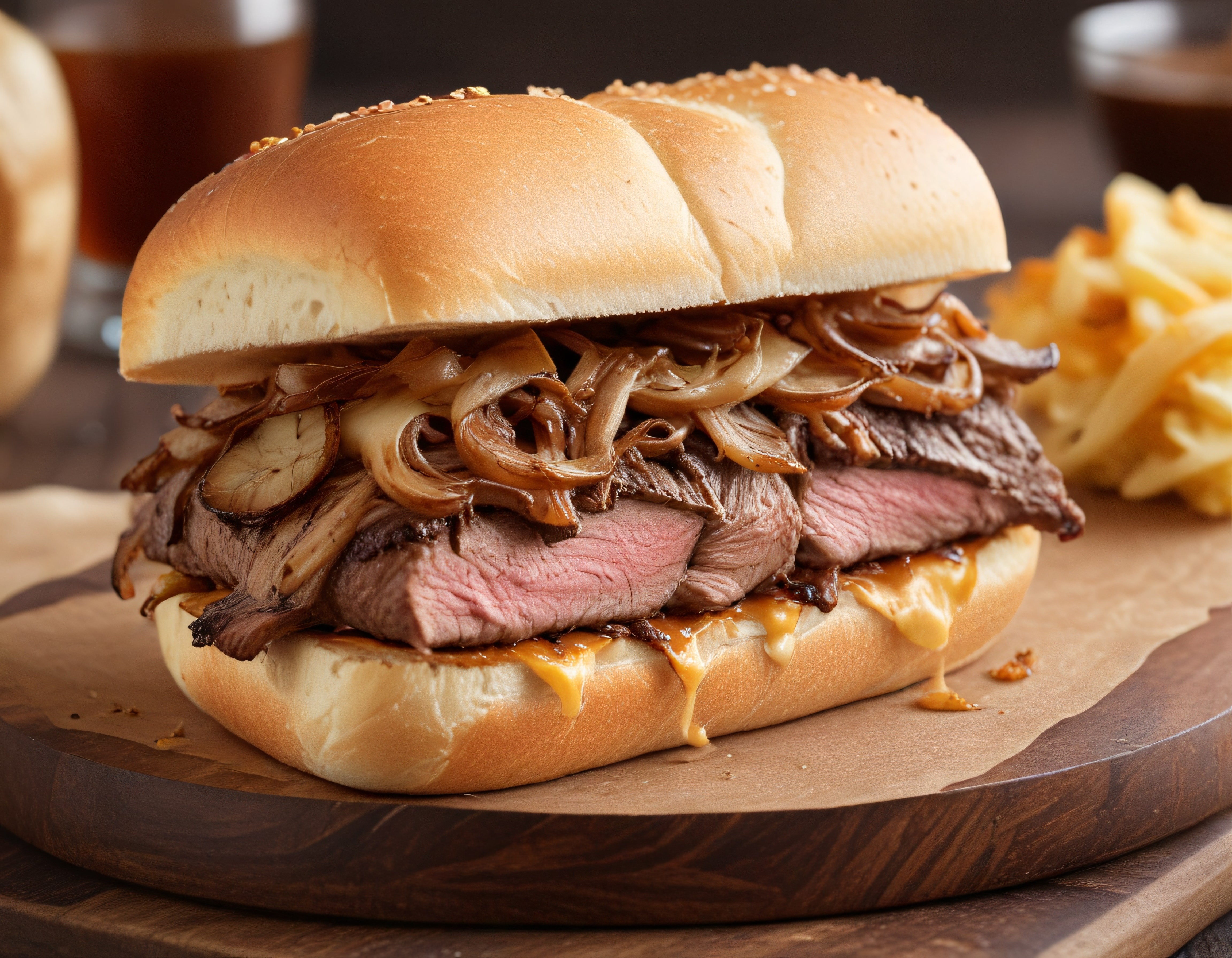 Bol Barbekü Soslu Roast Beef Sandviç ve Yanında Çıtır Patates Kızartması