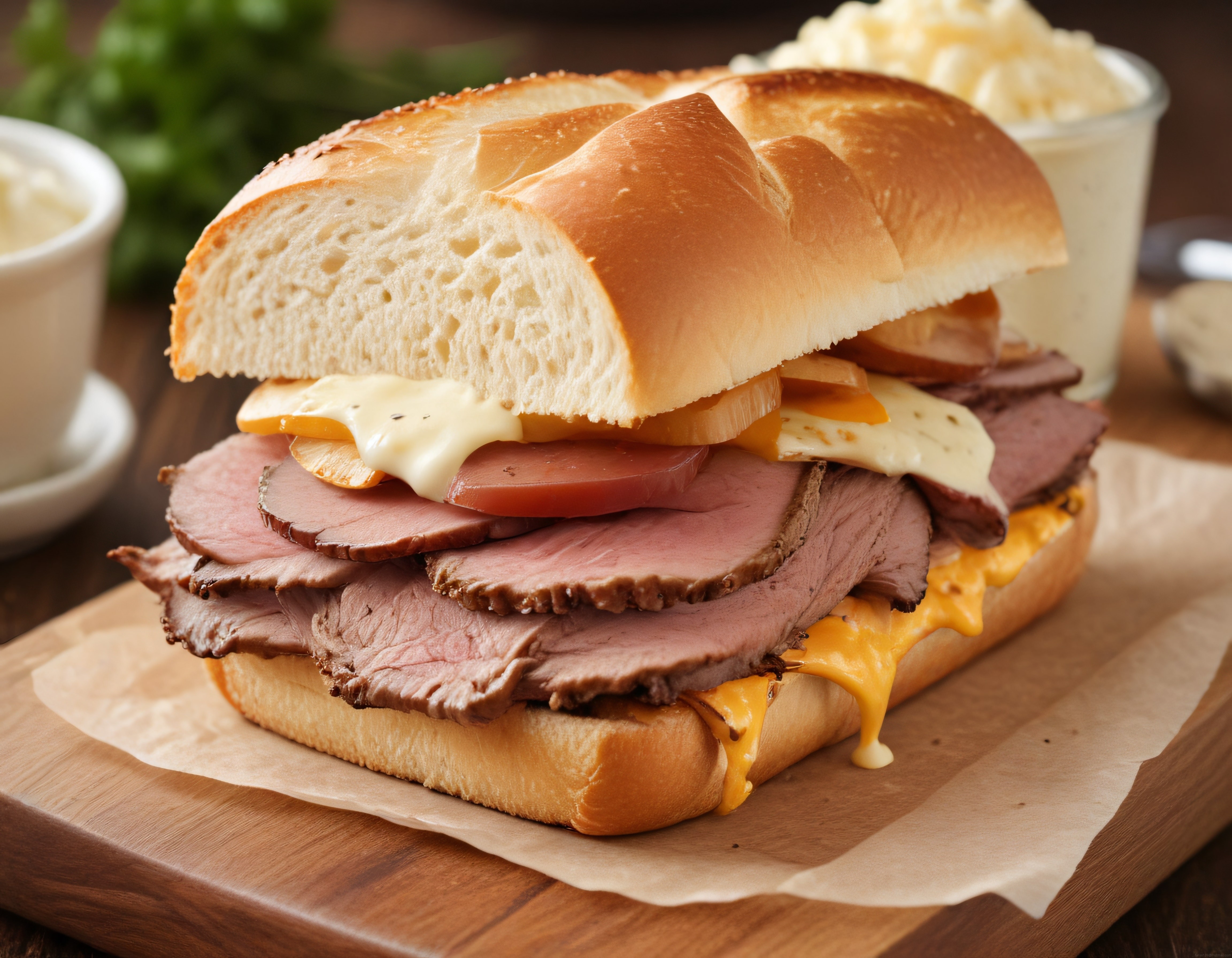 Bol Etli Roast Beef Sandviç, Erimiş Peynir ve Taze Ekmekle Şık Sunum