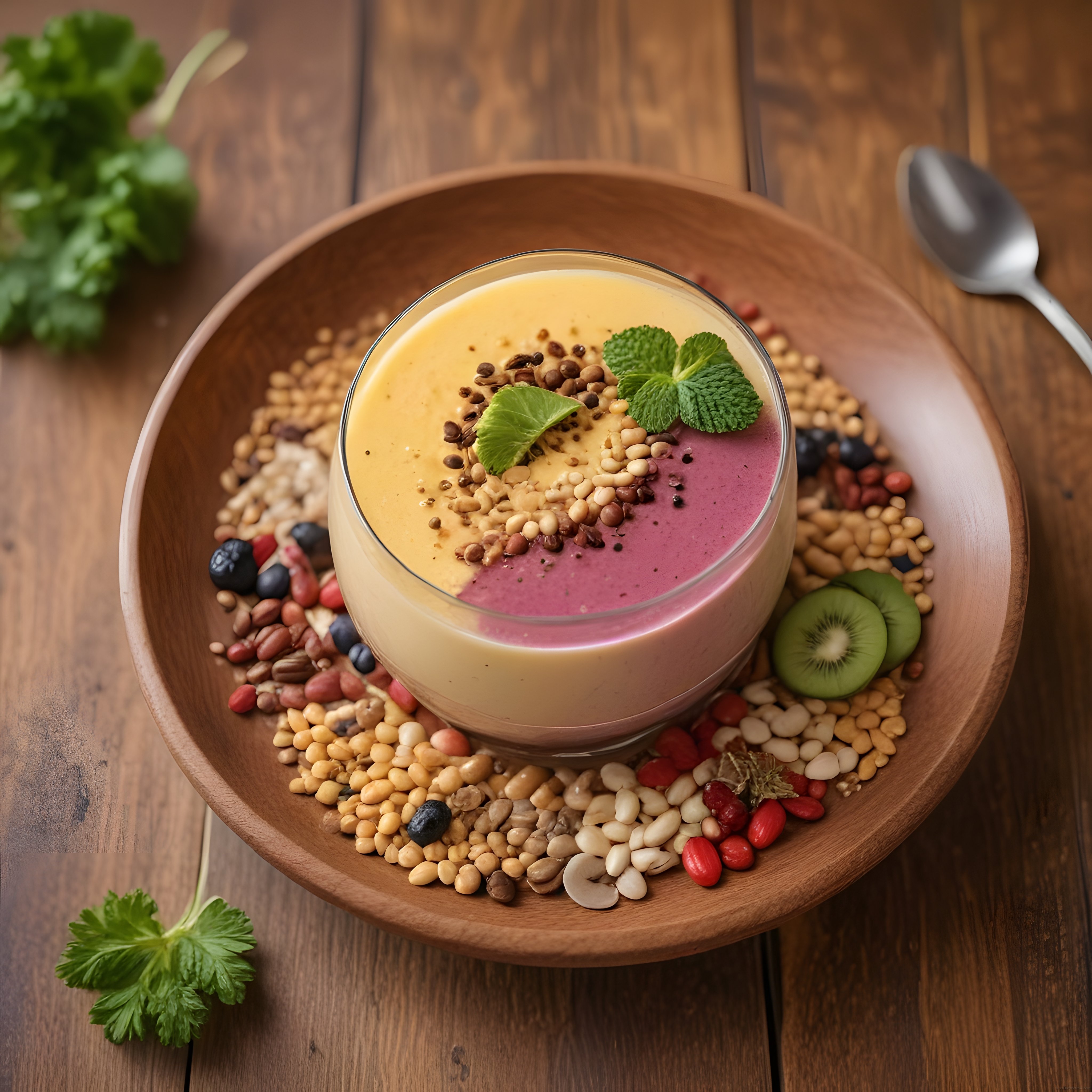 Bol Malzemeli Çift Katmanlı Smoothie: Sağlıklı ve Renkli Kahvaltı Sunumu