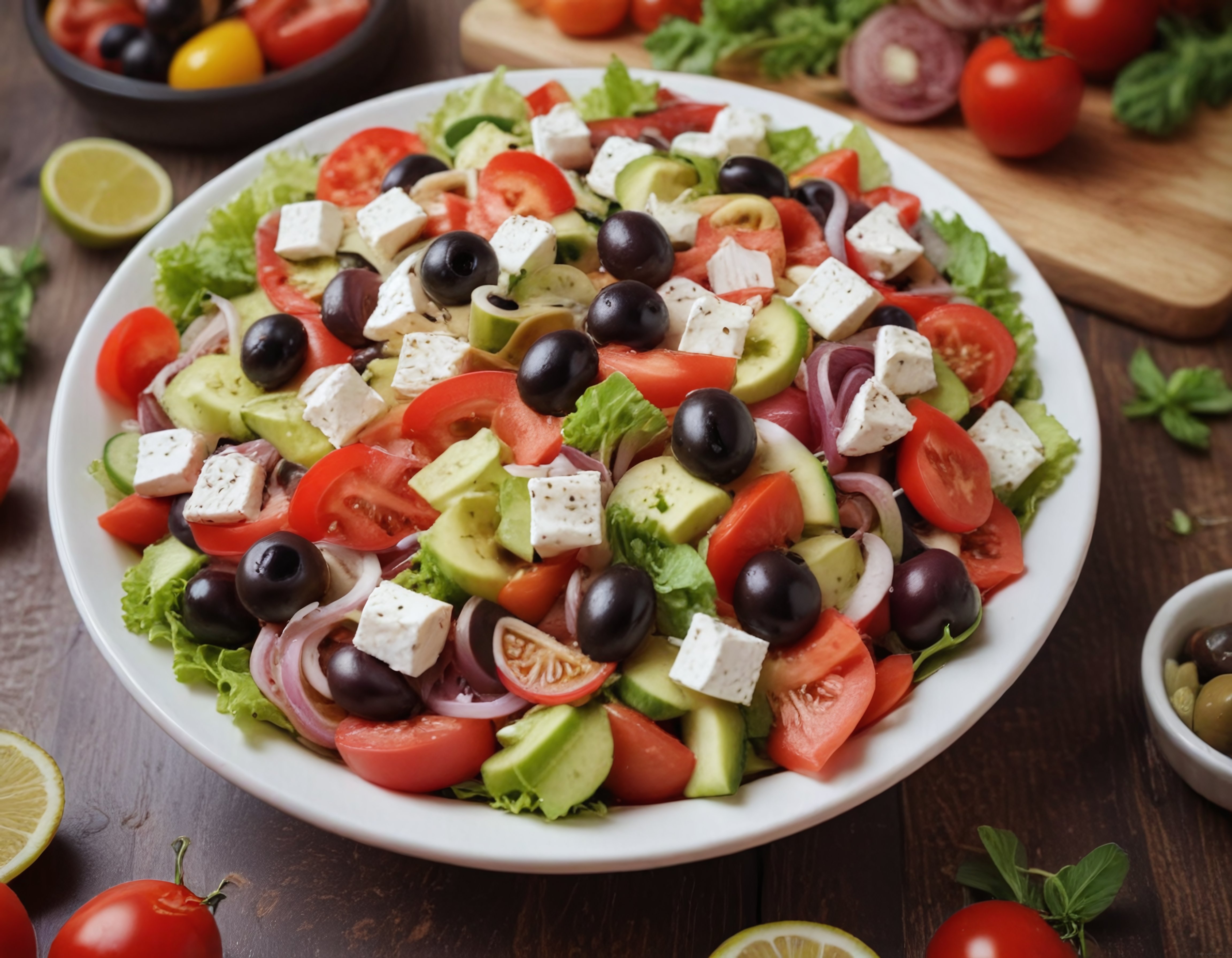 Bol Malzemeli Taze Sebzeli ve Feta Peynirli Akdeniz Usulü Salata Kasesi