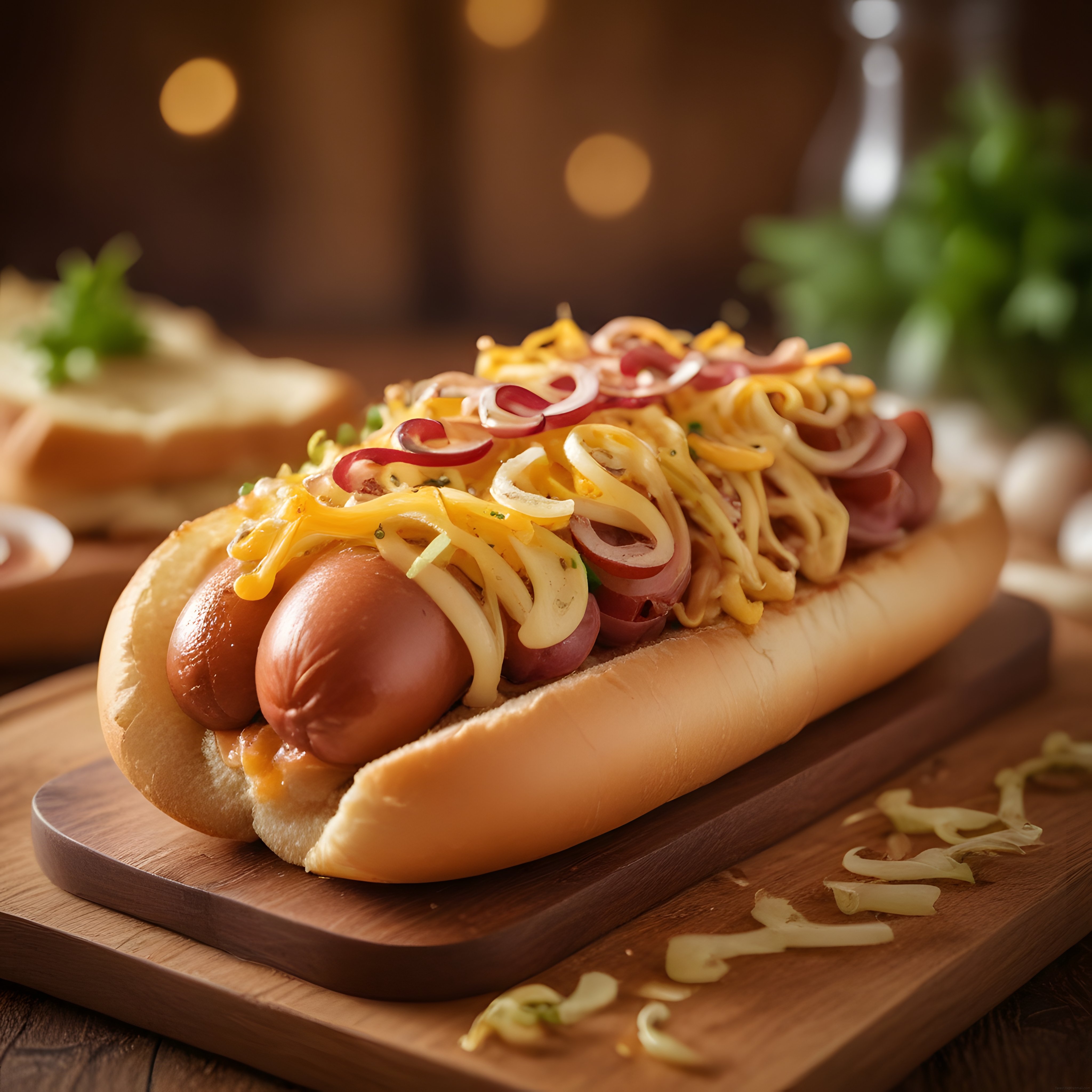 Bol peynirli çift sosisli sıcacık hot dog ahşap sunum tahtası üzerinde