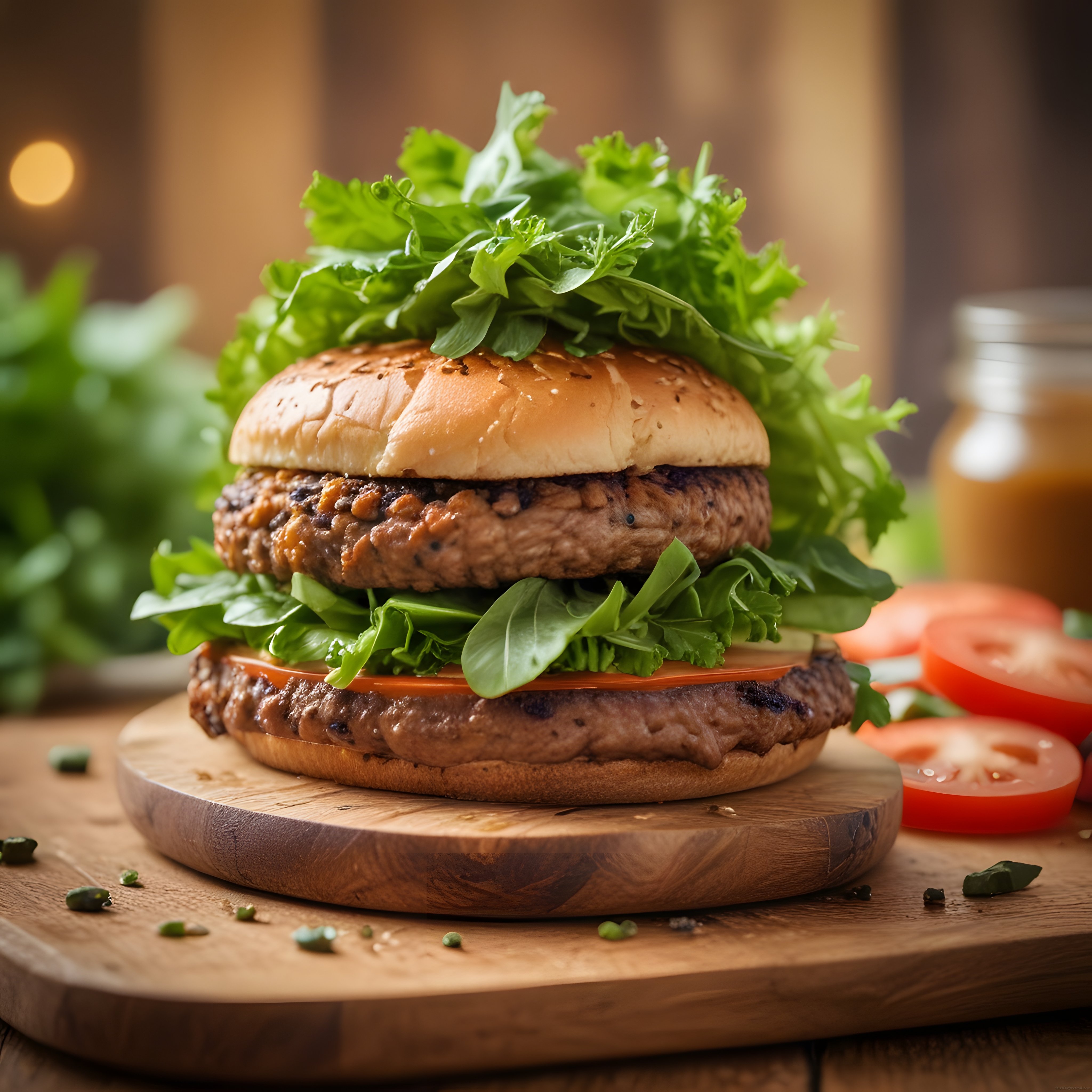 Bol Yeşillikli Çift Katlı Ev Yapımı Hamburger Ahşap Sunum Tahtasında