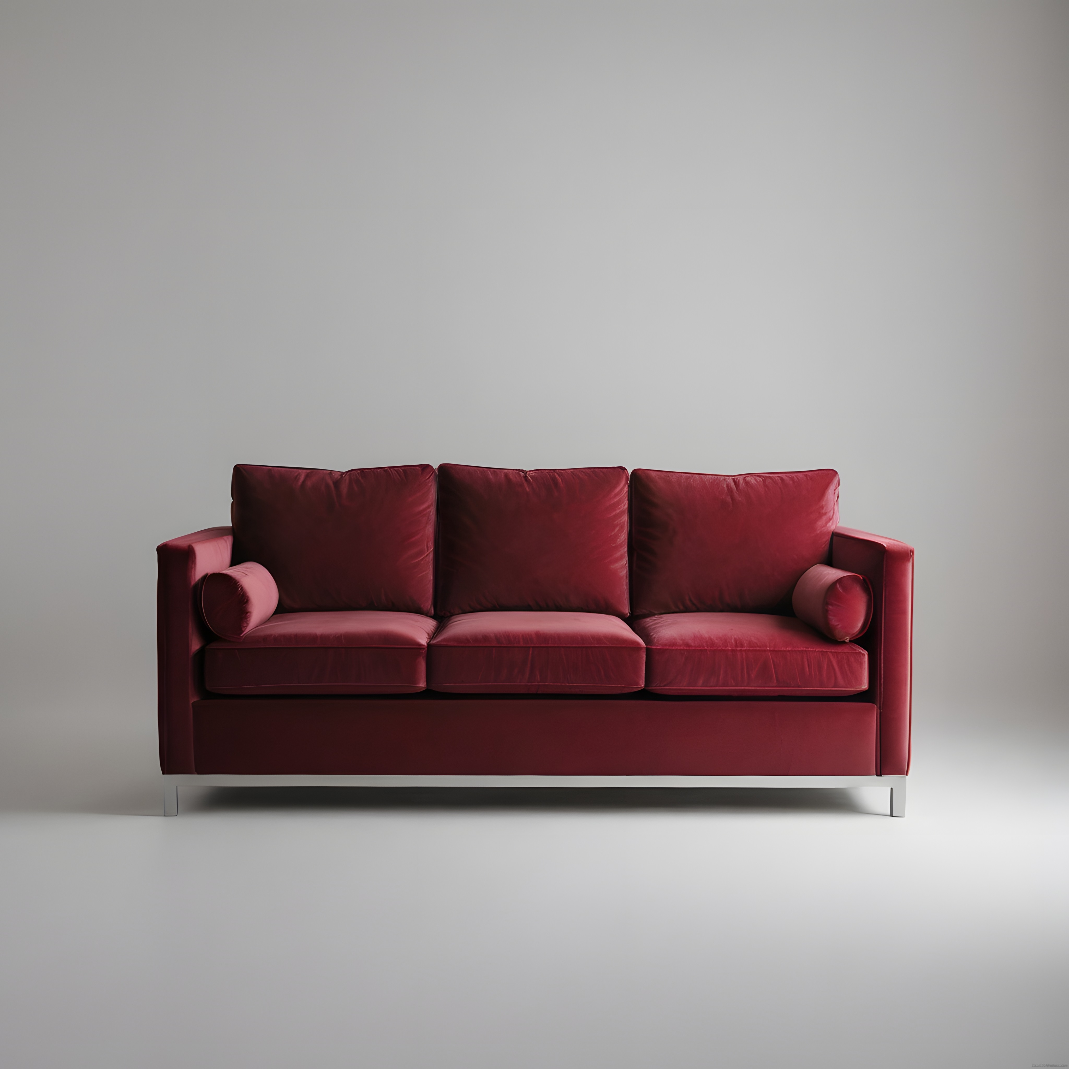 Bordo Kadife Üçlü Kanepe ve Minimalist Gri Stüdyo Dekorasyonu