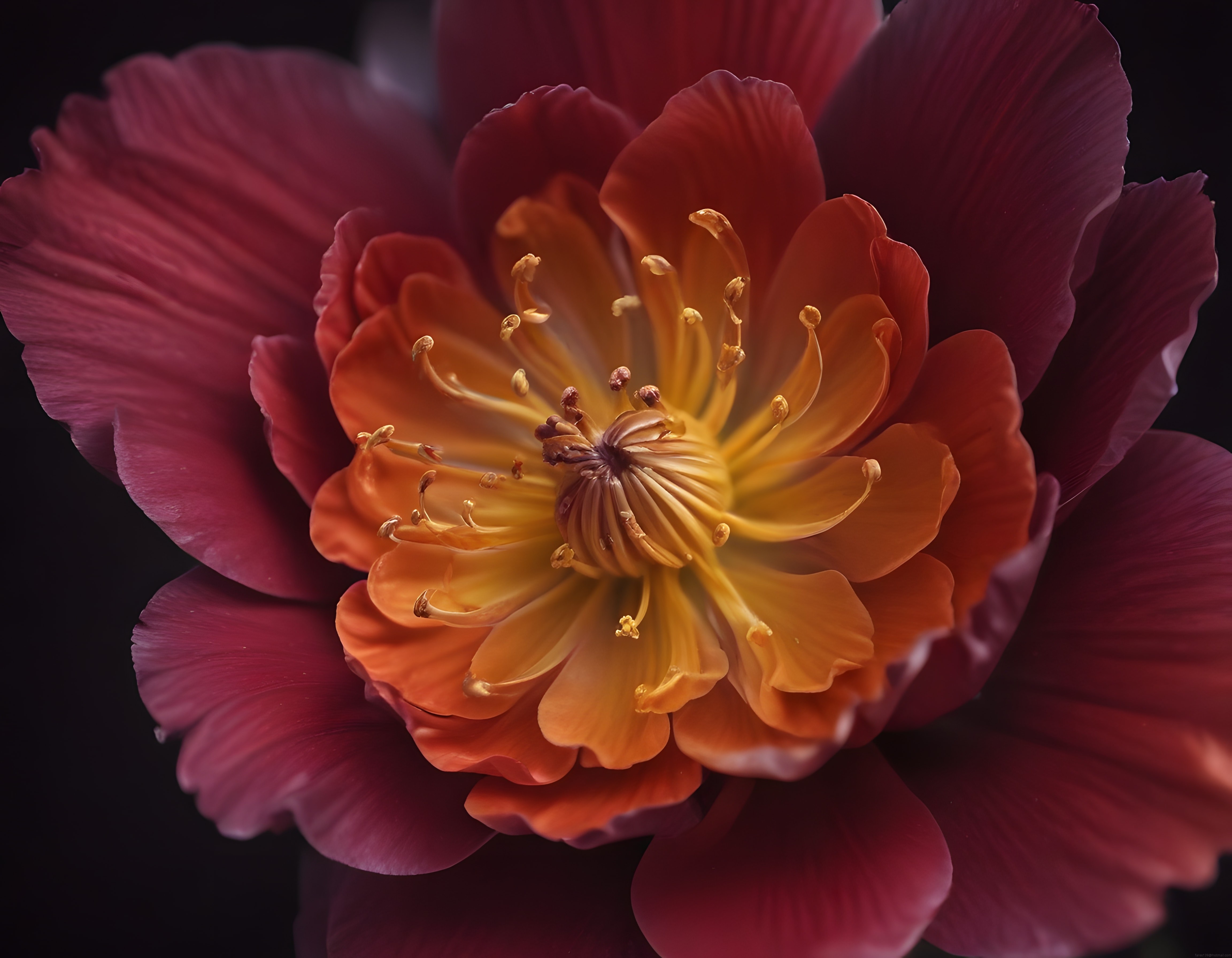 Bordo yaprakları ve altın rengi merkeziyle büyüleyici çiçek makro fotoğrafı
