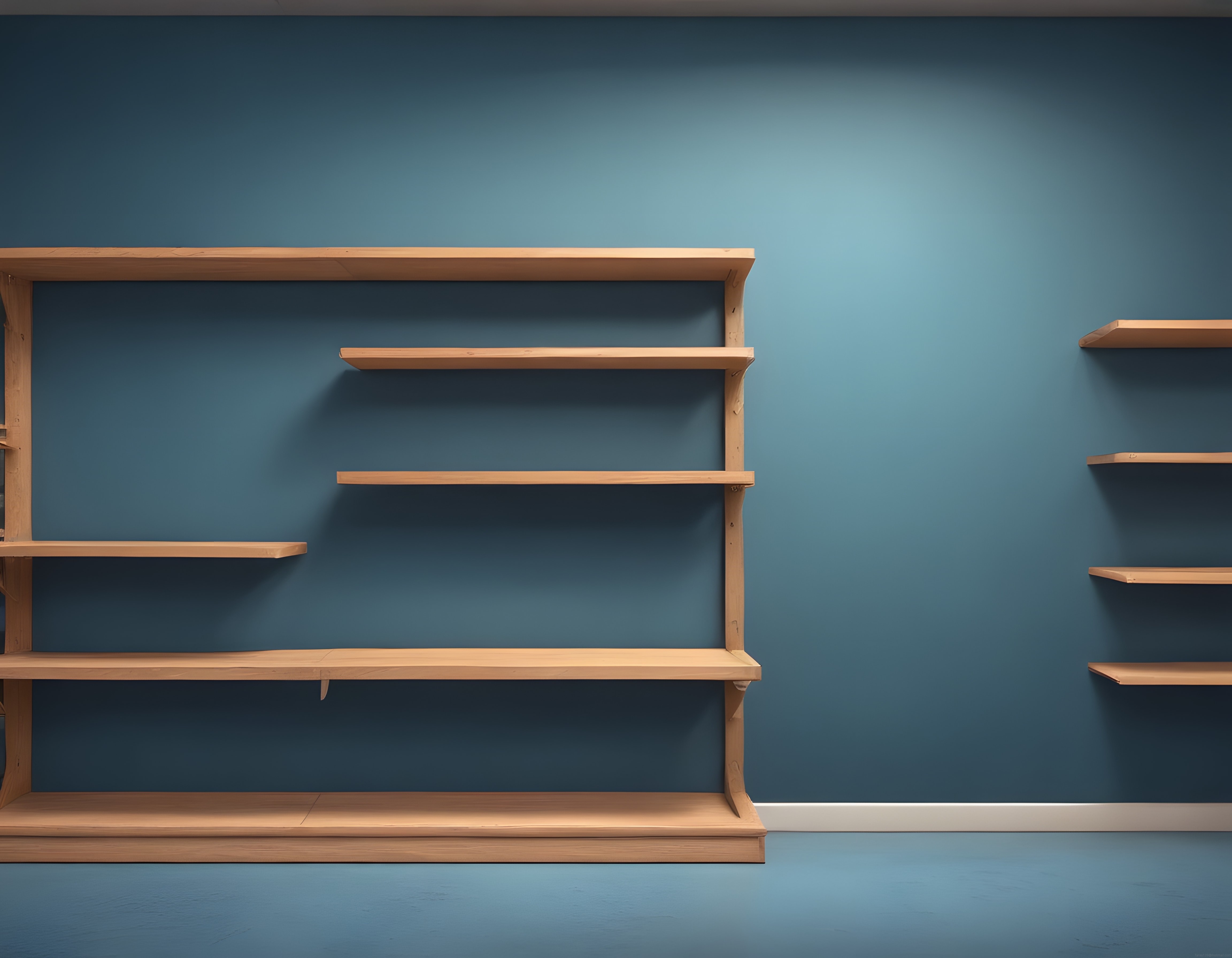 Boş Ahşap Raflar ve Mavi Duvar: Minimalist İç Mekan Dekorasyonu